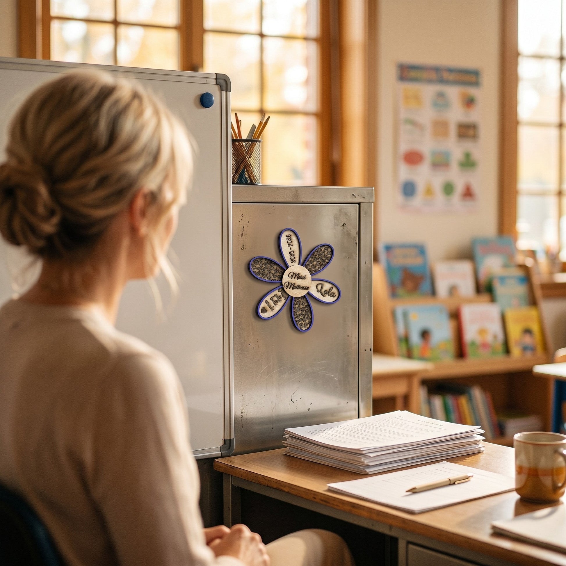 Magnet fleur en bois personnalisé par L'Atelier de Lylou, cadeau de fin d'année pour maîtresse, avec texte "Merci Maîtresse Lola" et dates 2023-2026.