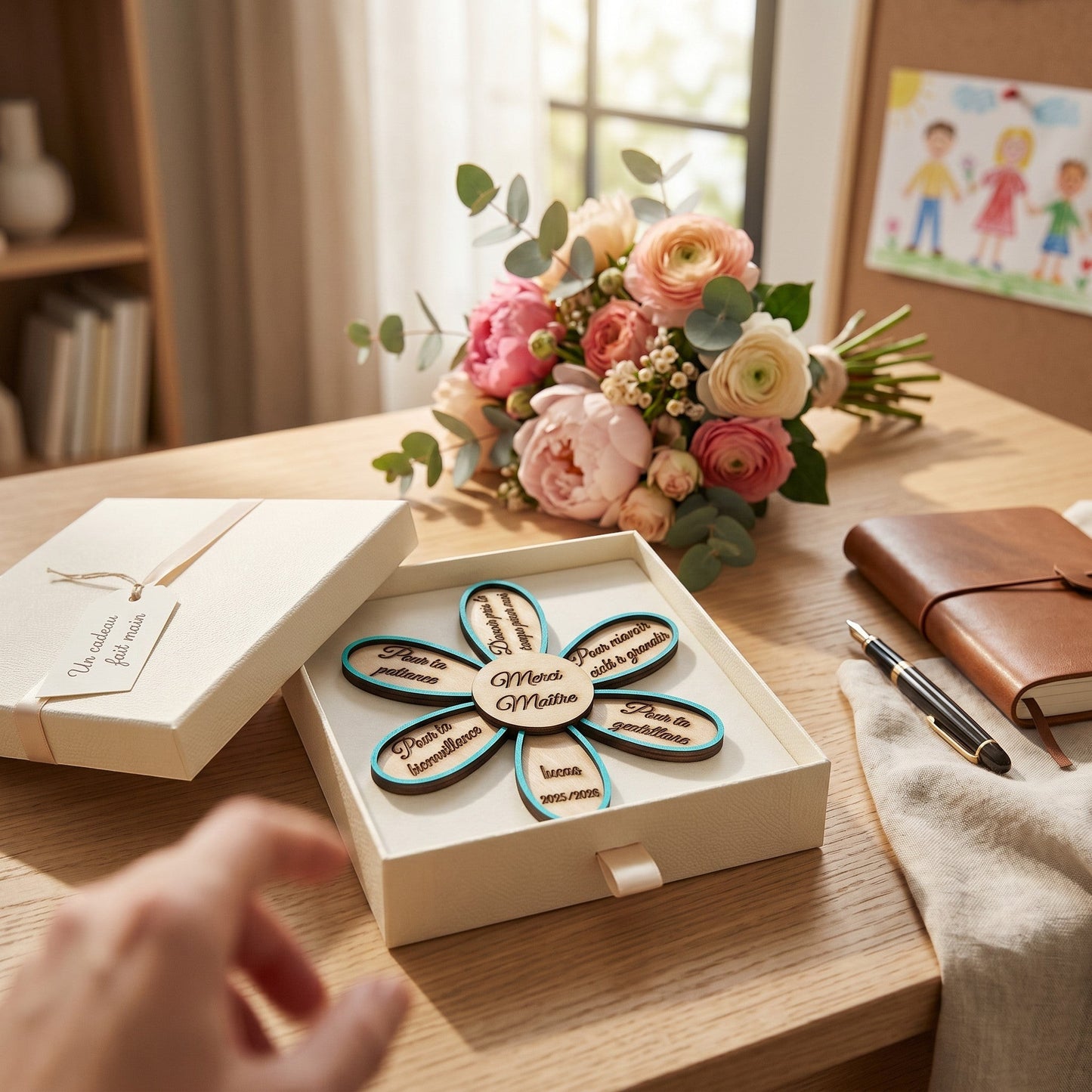 Magnet fleur en bois personnalisé par L'Atelier de Lylou, cadeau de fin d'année pour maître ou maîtresse.