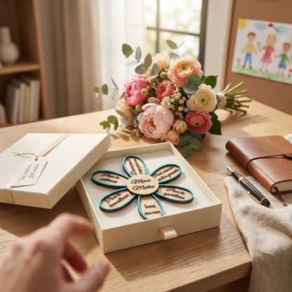 Magnet fleur en bois personnalisé par L'Atelier de Lylou, cadeau de fin d'année pour maître ou maîtresse.