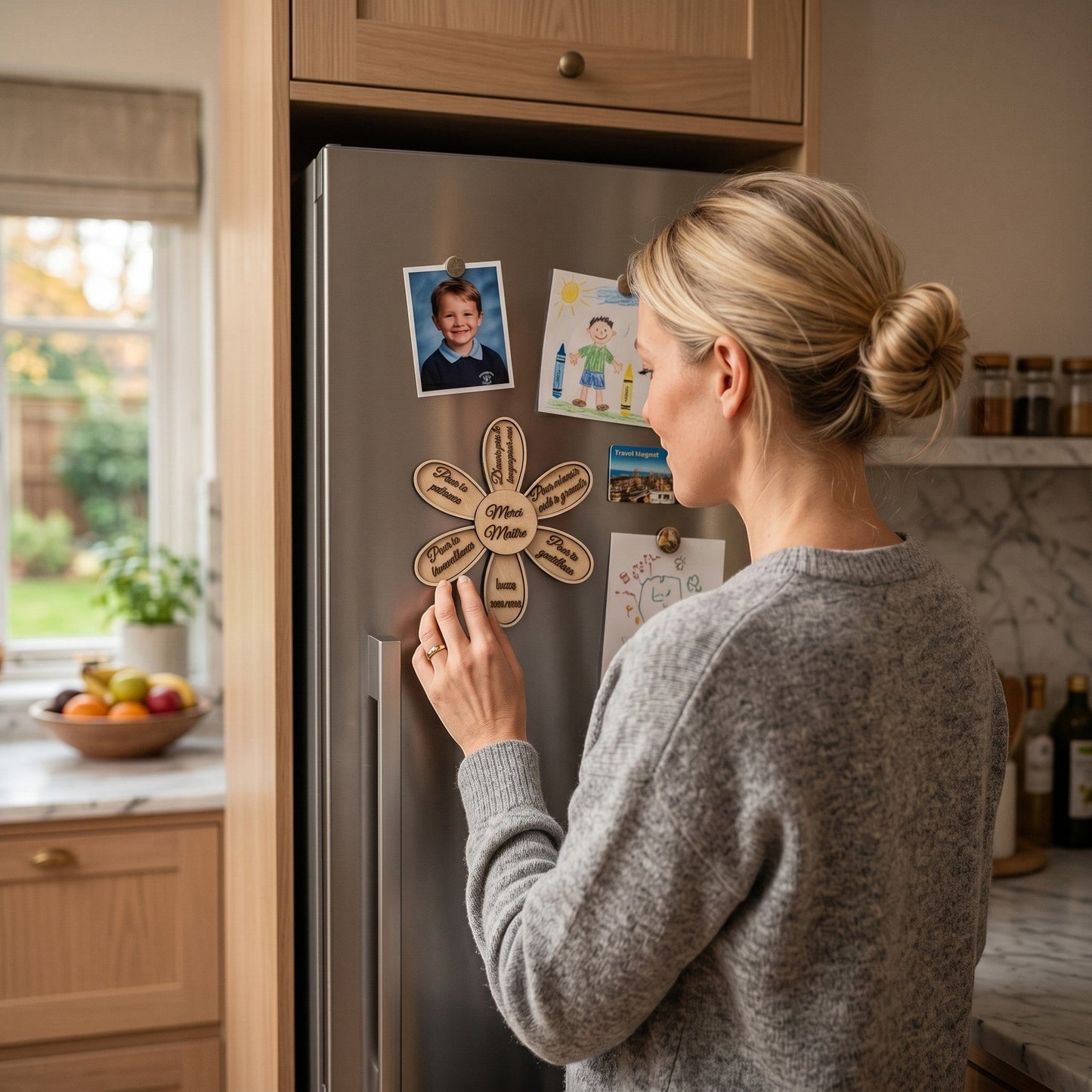 Magnet fleur en bois L'Atelier de Lylou personnalisé pour la fin de l'année scolaire, idéal pour maîtresse ou nounou.