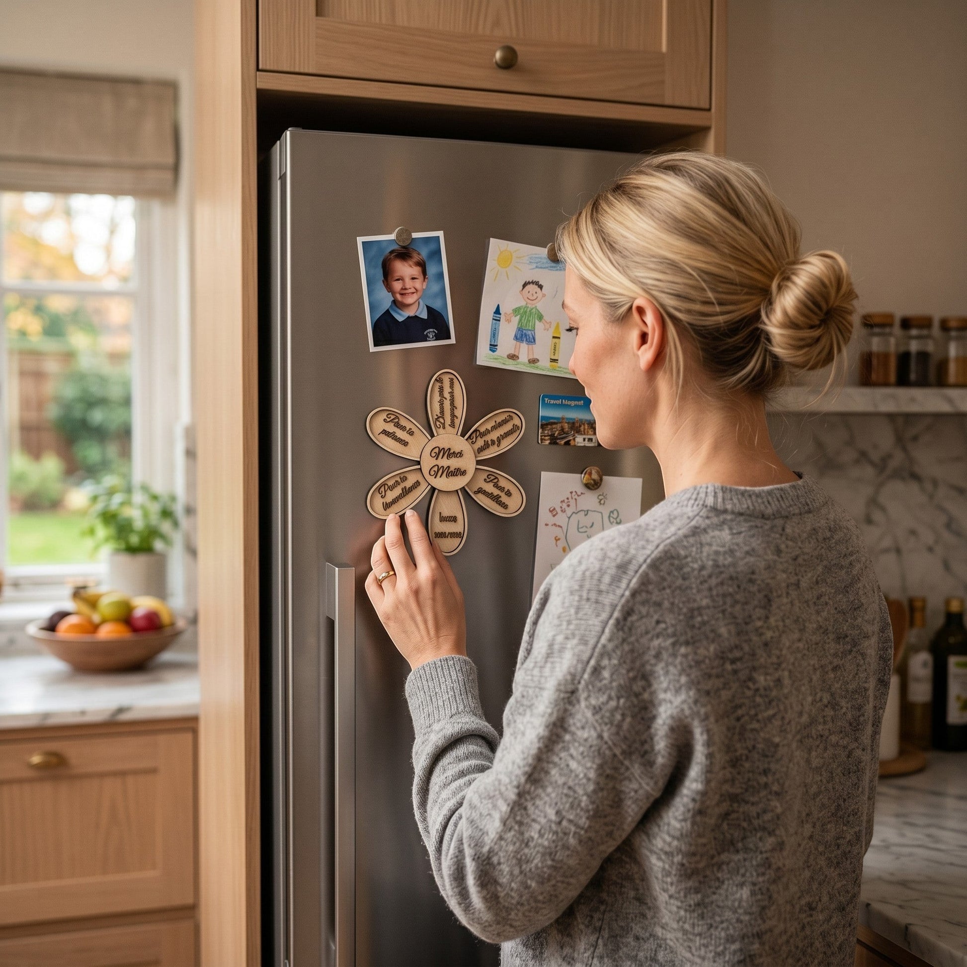 Magnet fleur en bois L'Atelier de Lylou personnalisé pour la fin de l'année scolaire, idéal pour maîtresse ou nounou.