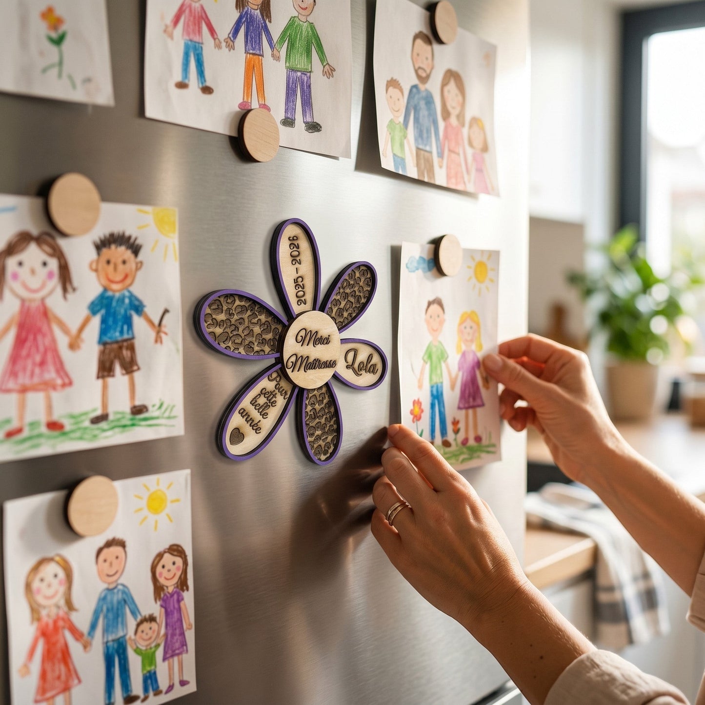 Magnet fleur en bois personnalisé L'Atelier de Lylou, violet, avec textes "Merci Maîtresse Lola" et "2025-2026 pour cette belle année".