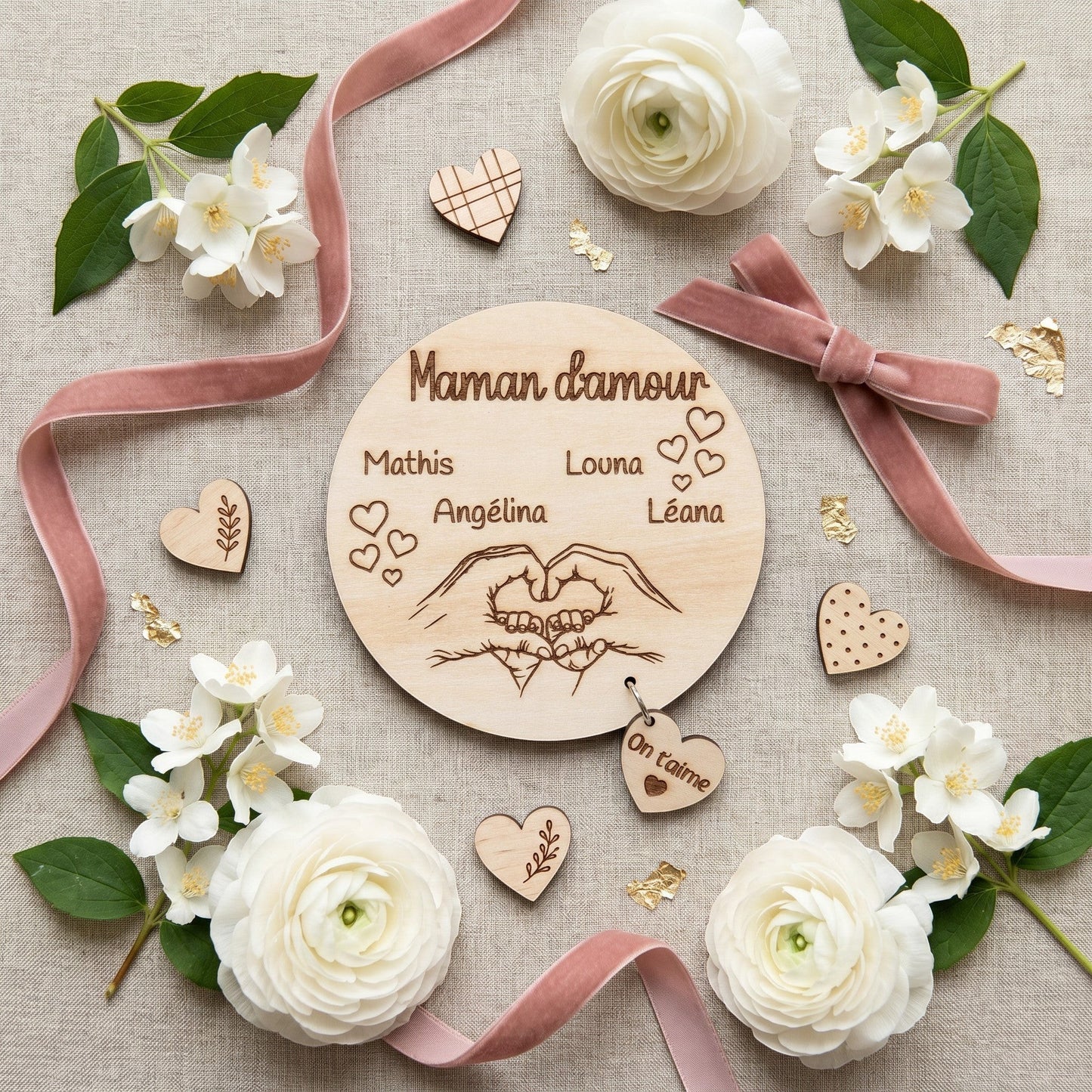 Magnet rond en bois L'Atelier de Lylou personnalisé avec "Maman d'amour" et prénoms, mains formant un cœur, cœur "On t'aime".