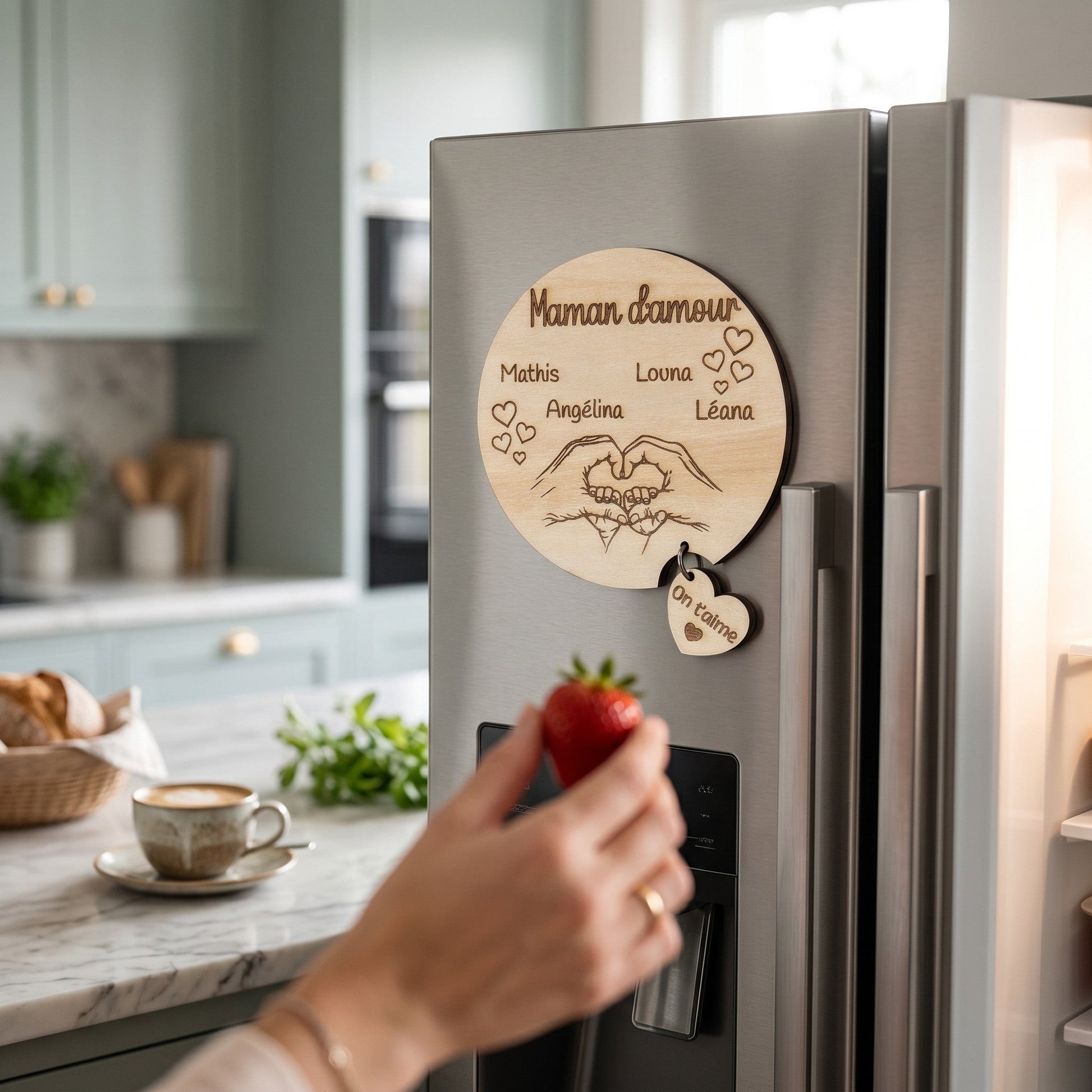Magnet rond en bois personnalisé L'Atelier de Lylou avec prénoms, mains en cœur et cœur "On t'aime". Cadeau idéal pour la fête des mères.