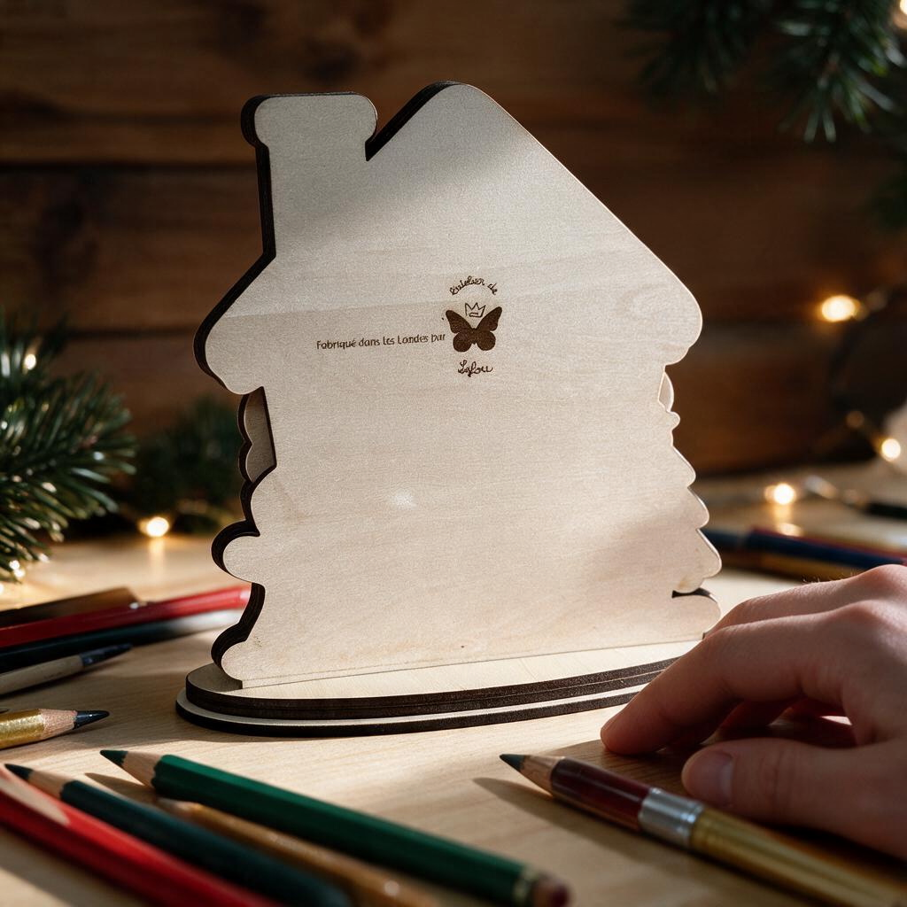 Maison de Noël en bois brut L'Atelier de Lylou à colorier avec des crayons sur un bureau