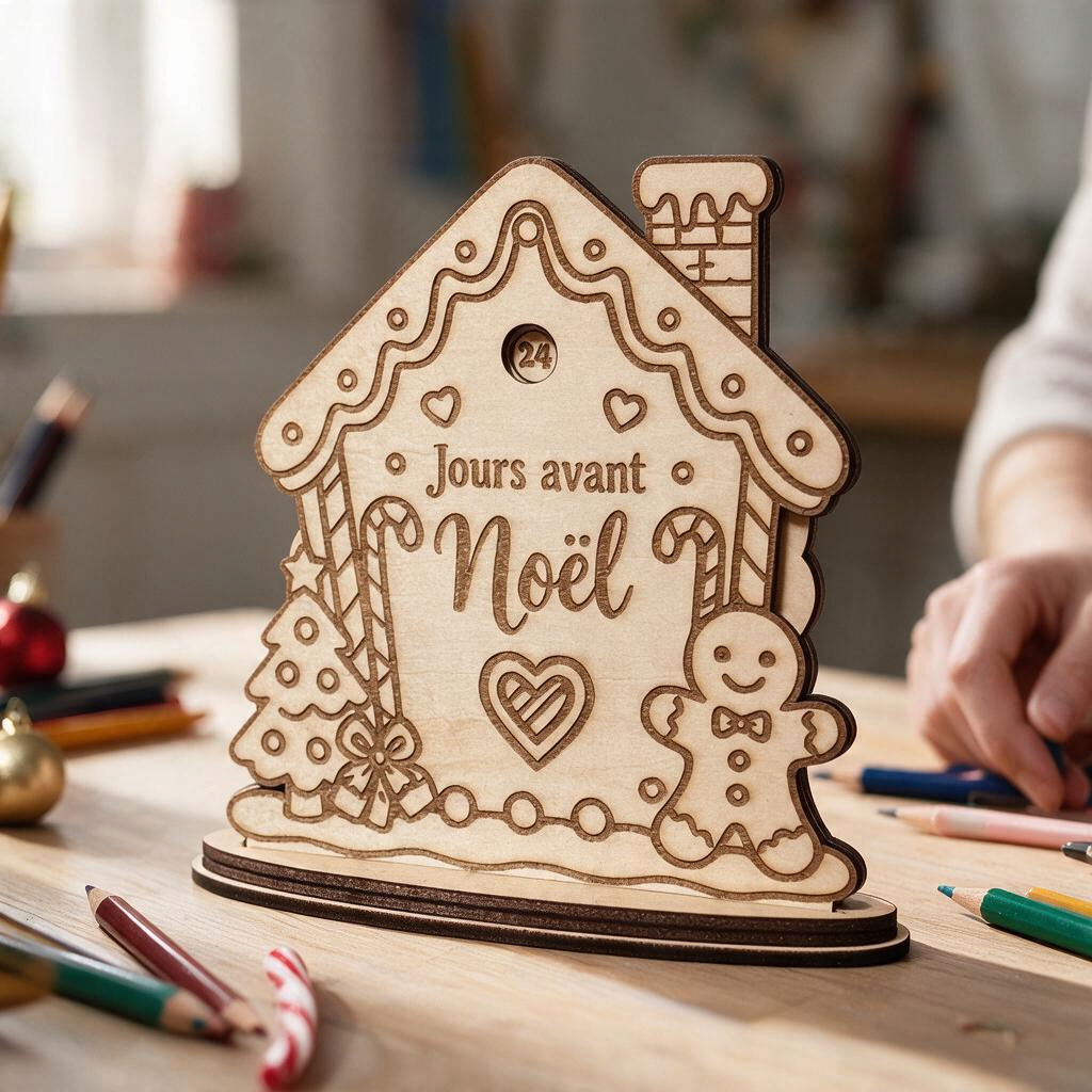 Compte à rebours de Noël en bois L'Atelier de Lylou à colorier avec motifs gravés de bonhomme en pain d'épices