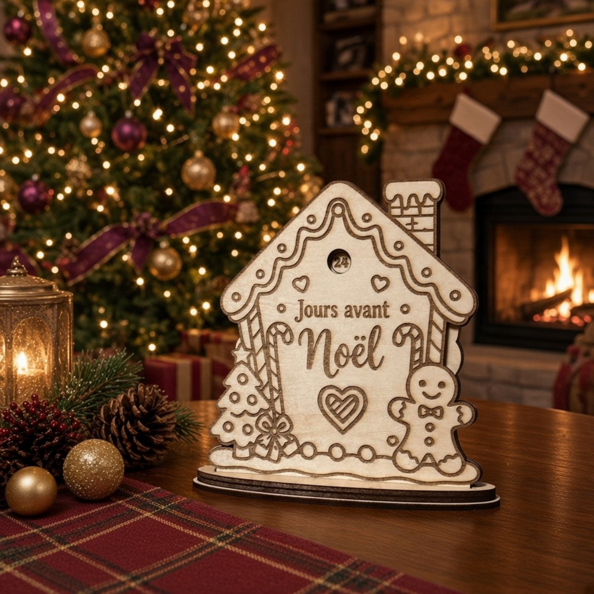 Compte à rebours de Noël L'Atelier de Lylou en bois clair gravé avec motifs de bonhomme en pain d'épices