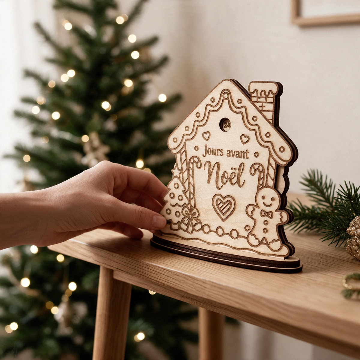 Compte à rebours de Noël en bois L'Atelier de Lylou à colorier avec motifs gravés de bonhomme en pain d'épices