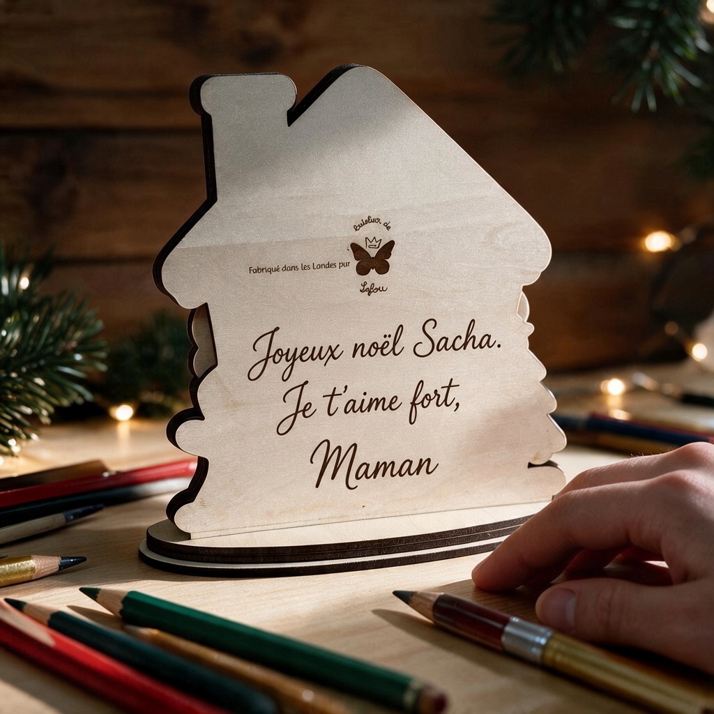 Maison de Noël en bois L'Atelier de Lylou personnalisée avec un message gravé, posée sur une table avec des crayons.