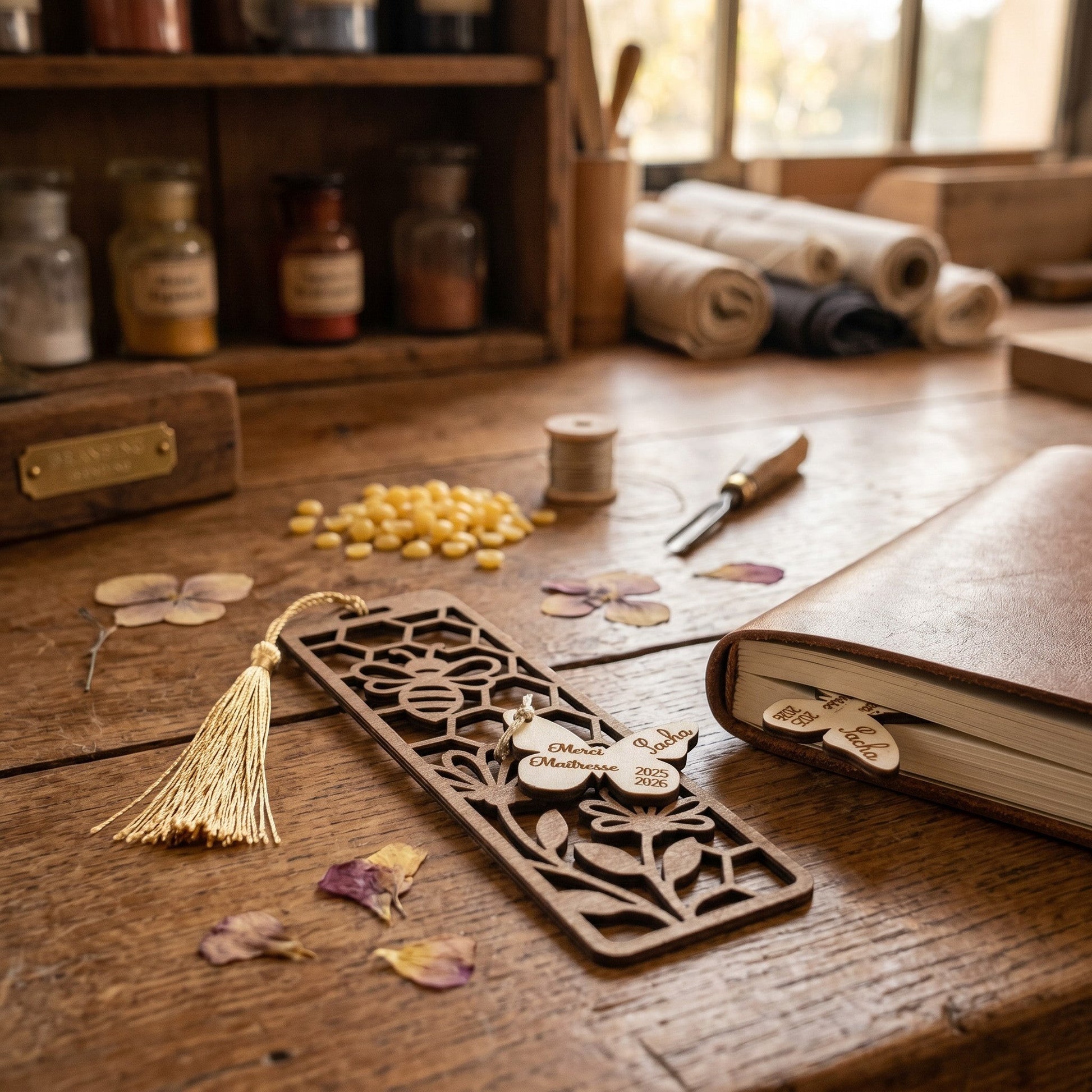 Marque-page personnalisé en bois L'Atelier de Lylou avec un motif abeille, pompon doré et personnalisation "Merci Maîtresse 2025 2026".