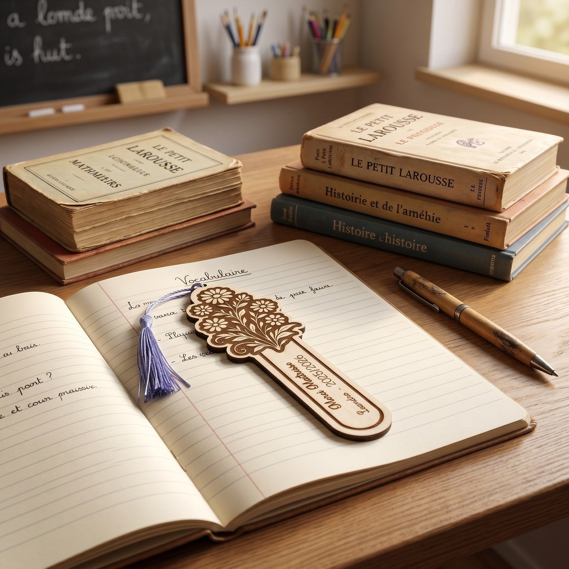 Marque-page personnalisé en bois L'Atelier de Lylou avec un bouquet de fleurs gravé et un pompon violet, idéal pour les enseignants.