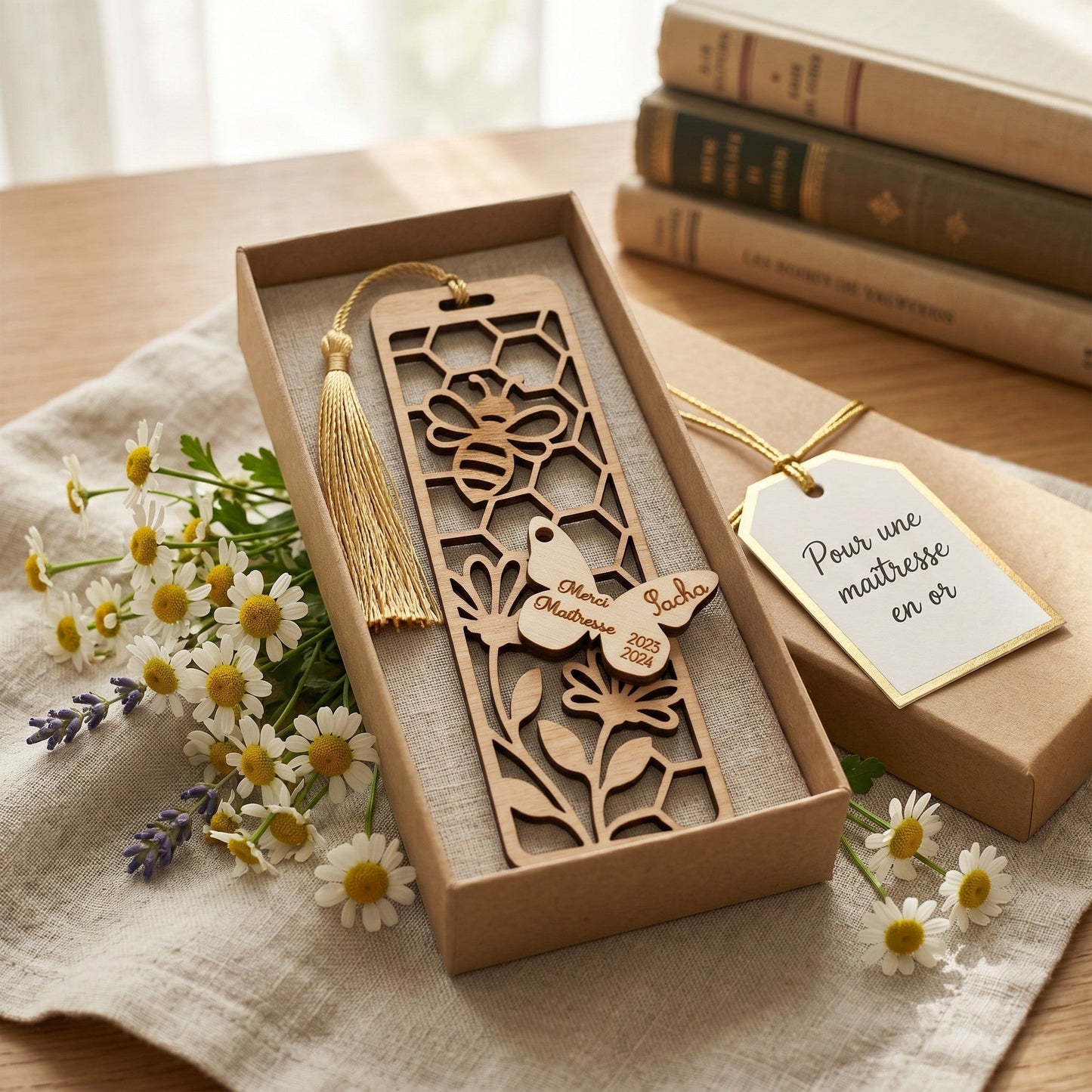 Marque-page personnalisé en bois L'Atelier de Lylou avec un motif abeille et fleurs, pompon doré, gravé "Merci Maîtresse Sacha 2023 2024".
