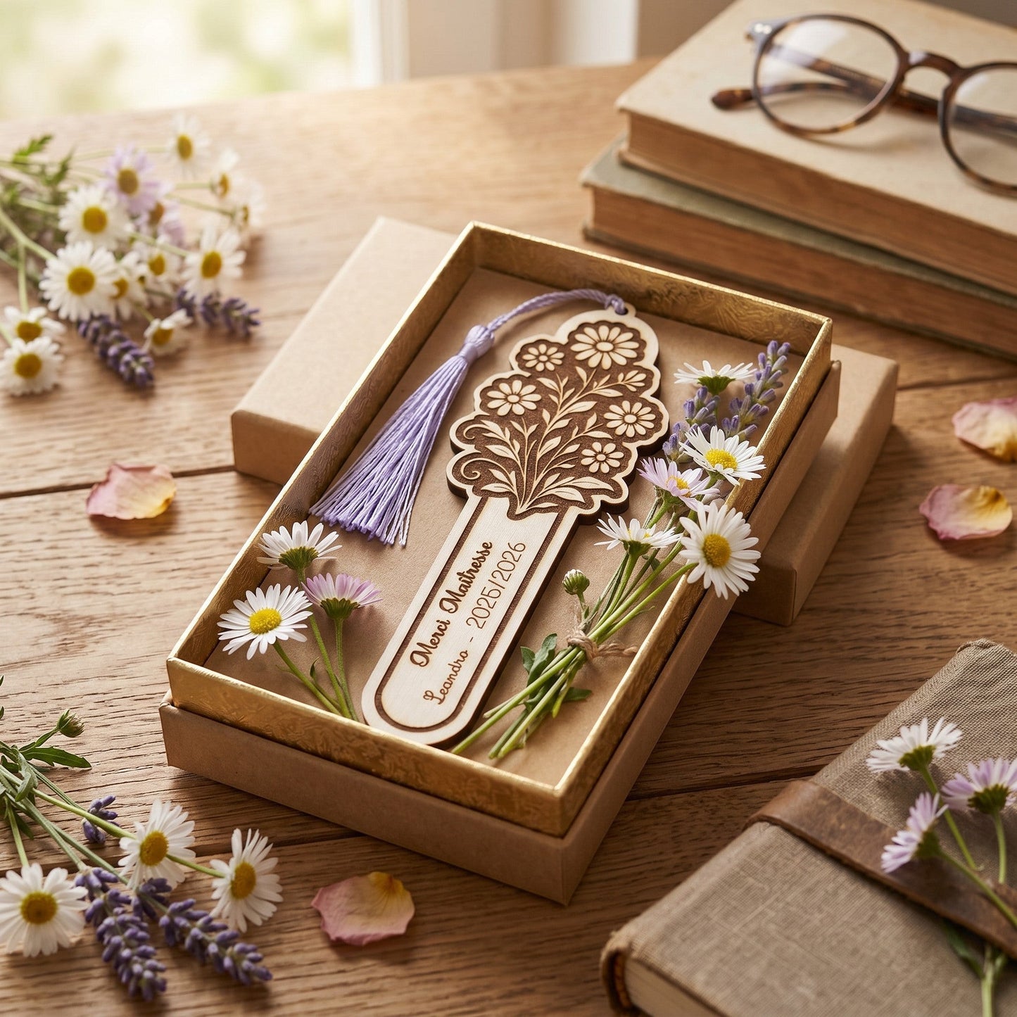 Marque-page en bois L'Atelier de Lylou gravé d'un bouquet de fleurs et d'un message personnalisé, avec pompon lilas.