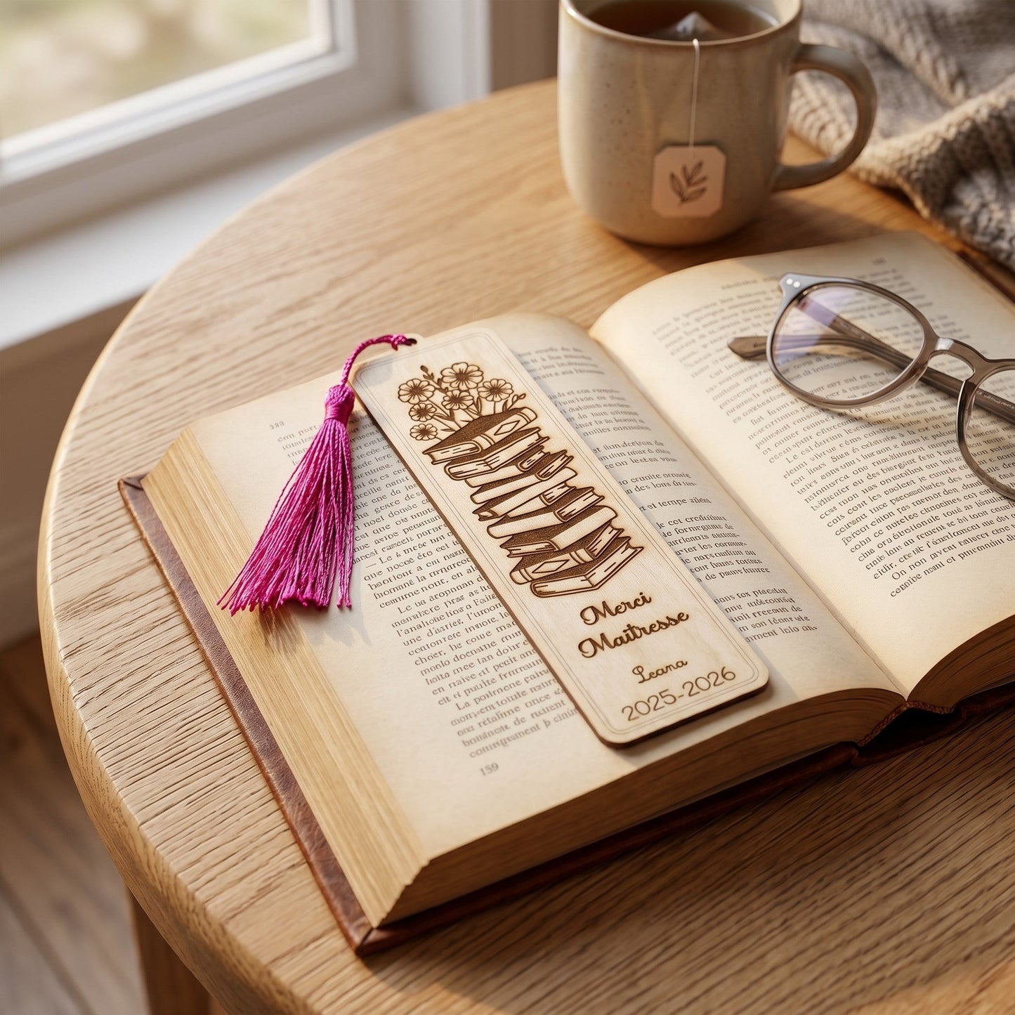 Marque-page personnalisé en bois L'Atelier de Lylou avec un pompon fuchsia, gravé de livres et de fleurs, et "Merci Maîtresse Leana 2025-2026"
