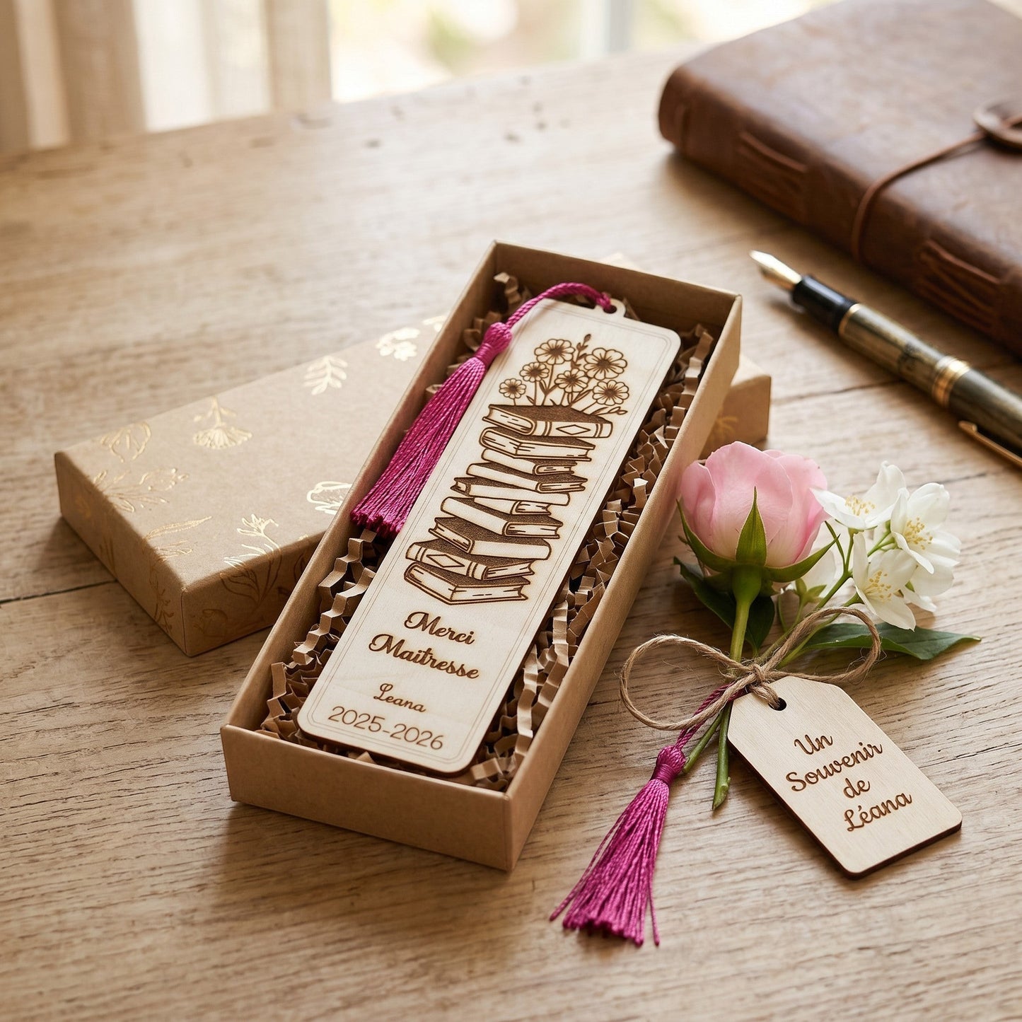 Marque-page personnalisé en bois L'Atelier de Lylou gravé d'une pile de livres et de fleurs, avec un pompon fuchsia.