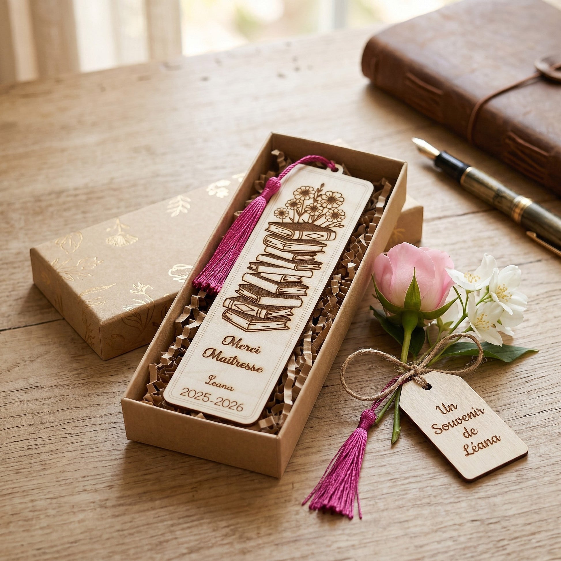 Marque-page personnalisé en bois L'Atelier de Lylou gravé d'une pile de livres et de fleurs, avec un pompon fuchsia.