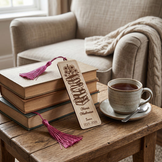 Marque-page personnalisé en bois L'Atelier de Lylou gravé avec des livres et des fleurs, avec pompon fuchsia. Idéal pour remercier une maîtresse.