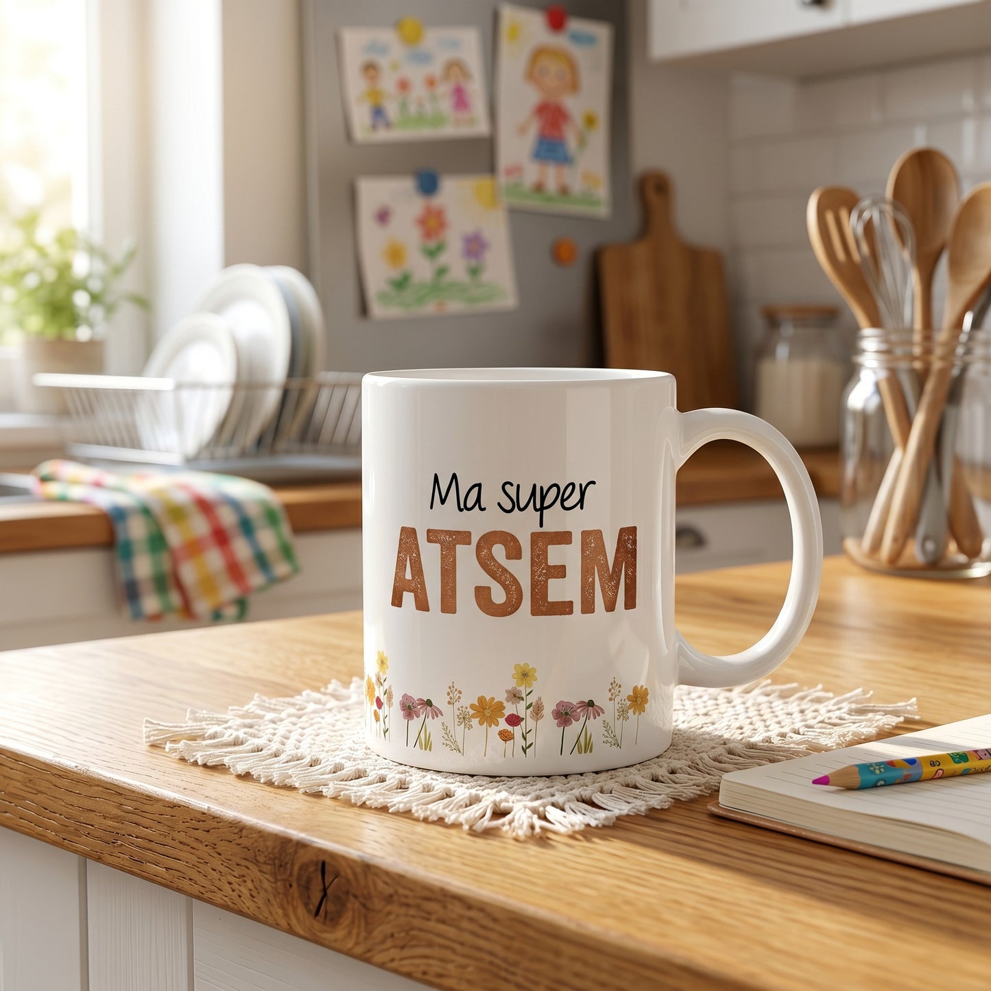 Mug blanc L'Atelier de Lylou avec l'inscription "Ma super ATSEM" et un motif floral coloré. Cadeau personnalisé pour ATSEM.