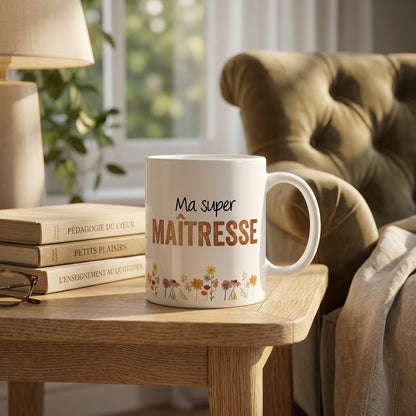Mug blanc L'Atelier de Lylou Ma super Maîtresse avec motif floral, cadeau personnalisé pour enseignante.