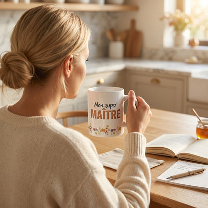 Mug blanc "Mon super MAÎTRE" avec motif floral, cadeau personnalisé pour enseignant par L'Atelier de Lylou.