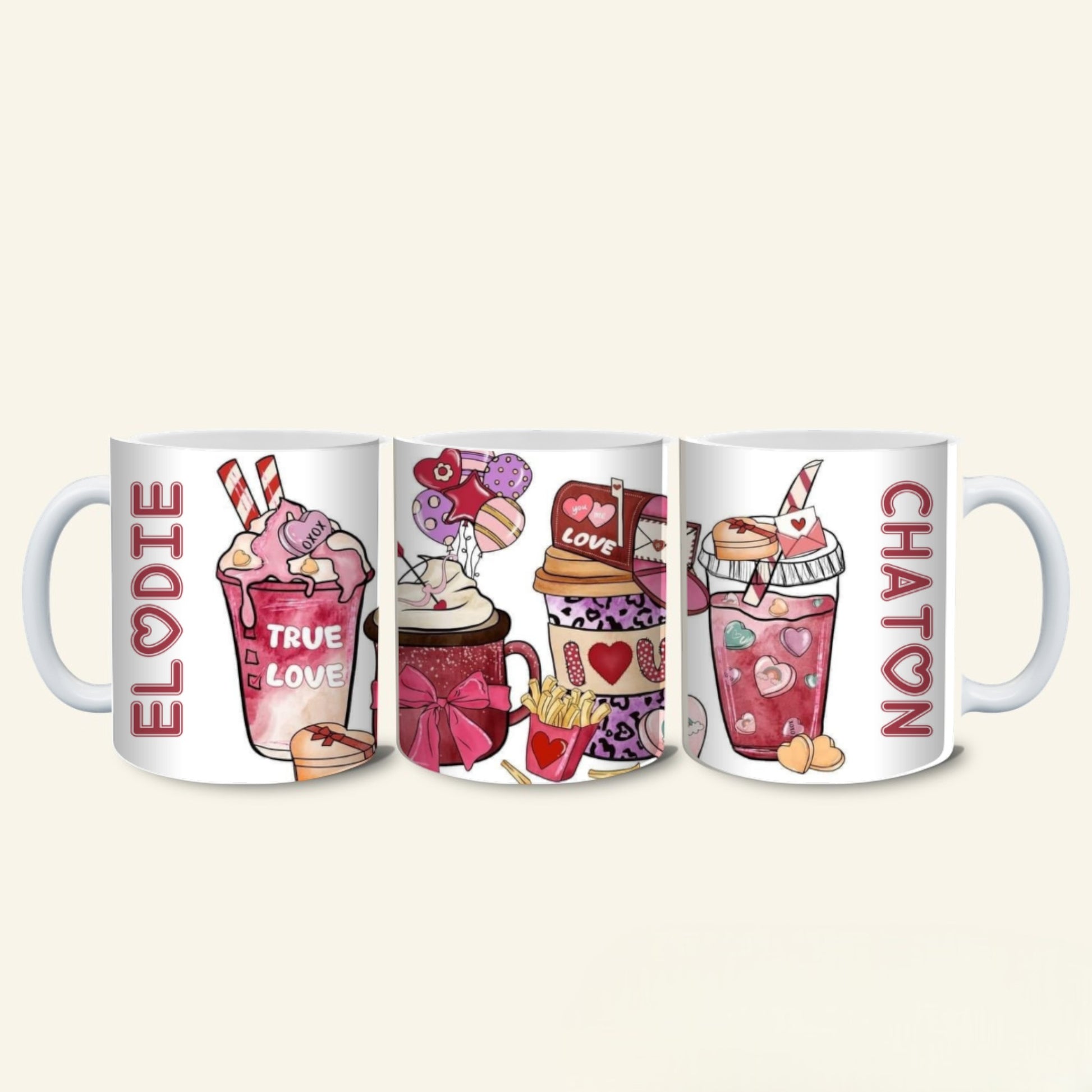 Mug blanc L'Atelier de Lylou personnalisable avec des illustrations de boissons roses et rouges, cœurs, ballons et noms "ELODIE" et "CHATON".