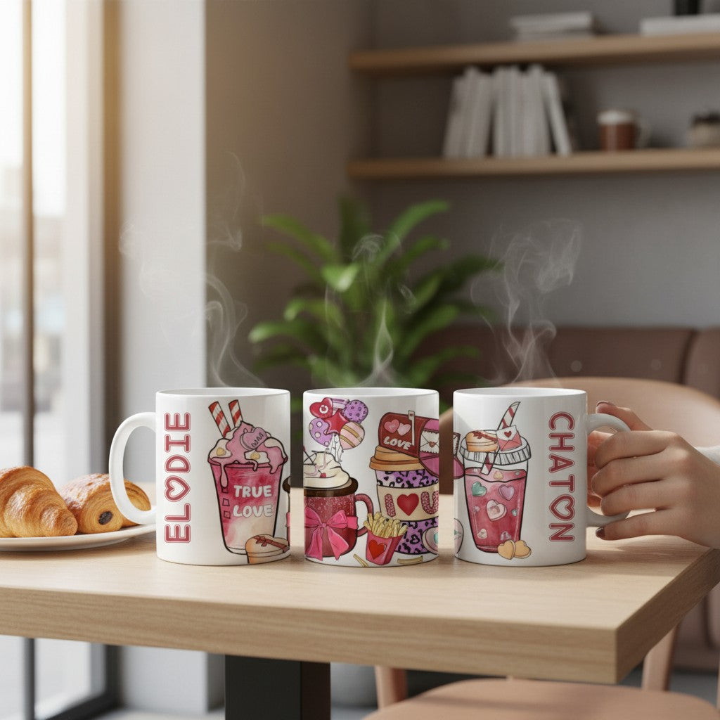 L'Atelier de Lylou : Mug personnalisable avec design de boissons gourmandes et cœurs, idéal pour la Saint-Valentin.