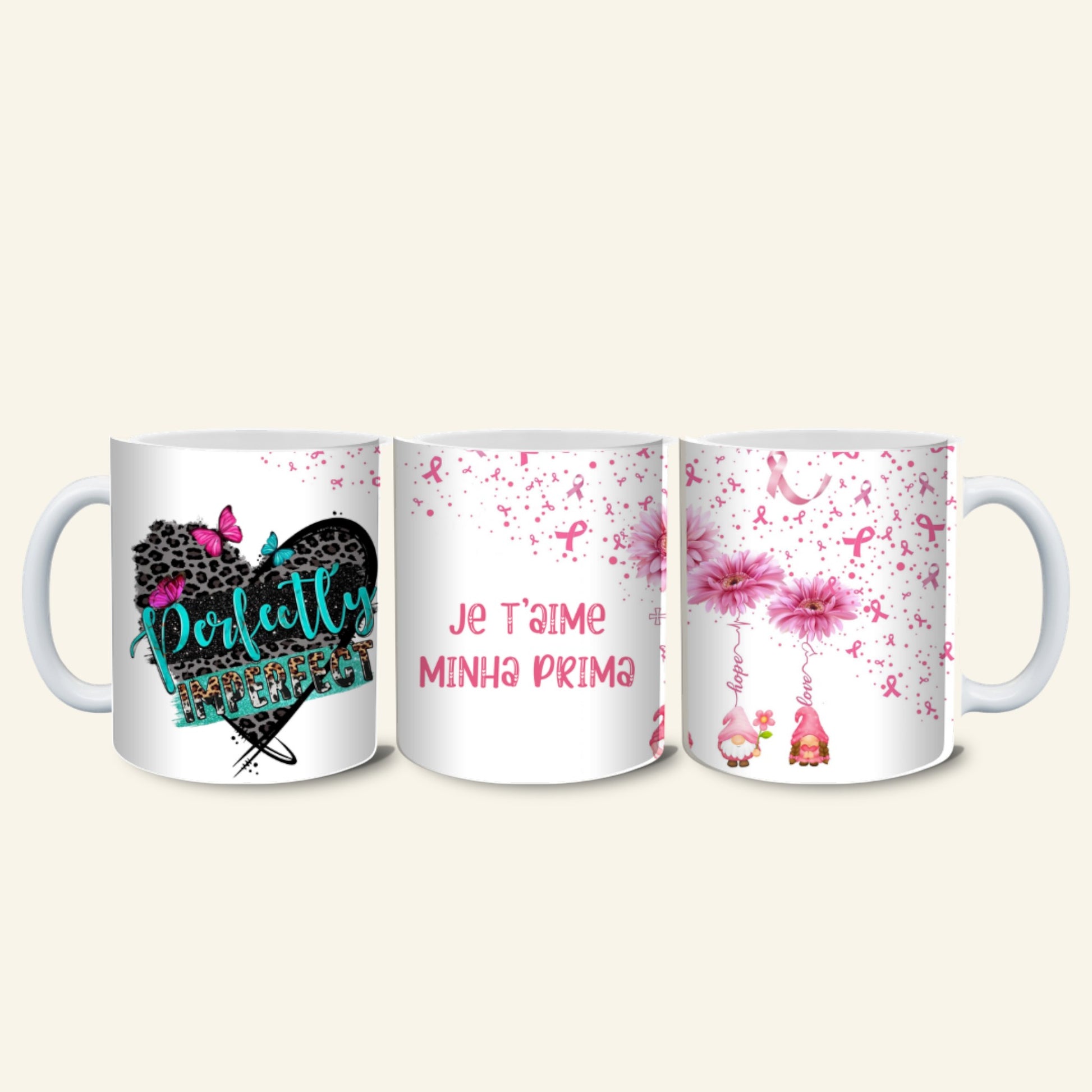 Mug blanc L'Atelier de Lylou avec motif cœur léopard, papillons roses et texte "Perfectly Imperfect". Idéal pour cadeau personnalisé.