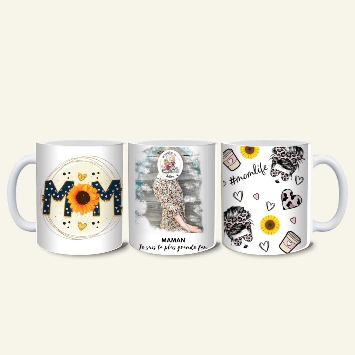 L'Atelier de Lylou : Ensemble de 3 tasses personnalisables avec motifs "MOM", tournesols, cœurs et citation "Maman, je suis ta plus grande fan".