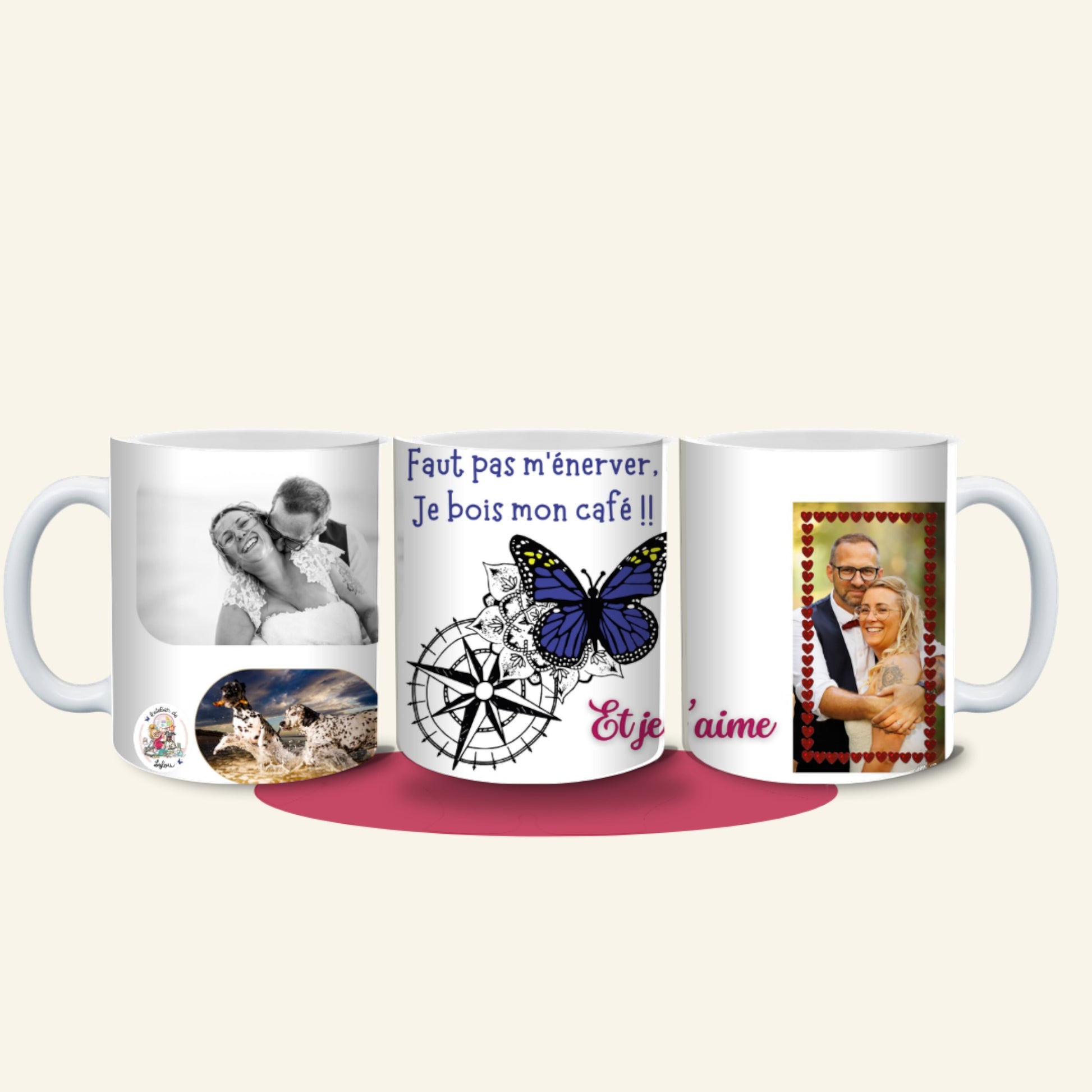 Mug blanc L'Atelier de Lylou personnalisable avec photos, papillon bleu, rose des vents et texte "Faut pas m'énerver, je bois mon café !! Et je t'aime".
