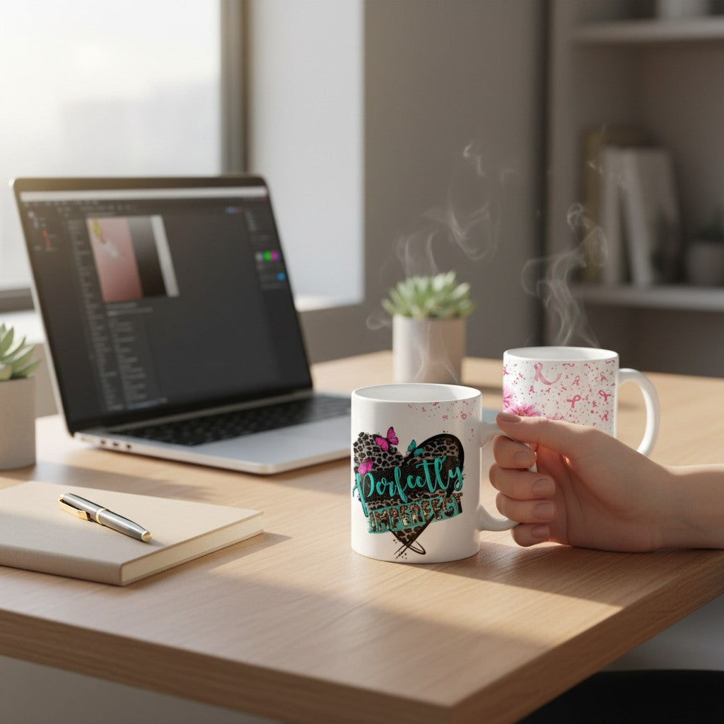 Mug blanc L'Atelier de Lylou avec un cœur léopard et papillons, texte "Perfectly Imperfect" et motifs roses de rubans et fleurs.