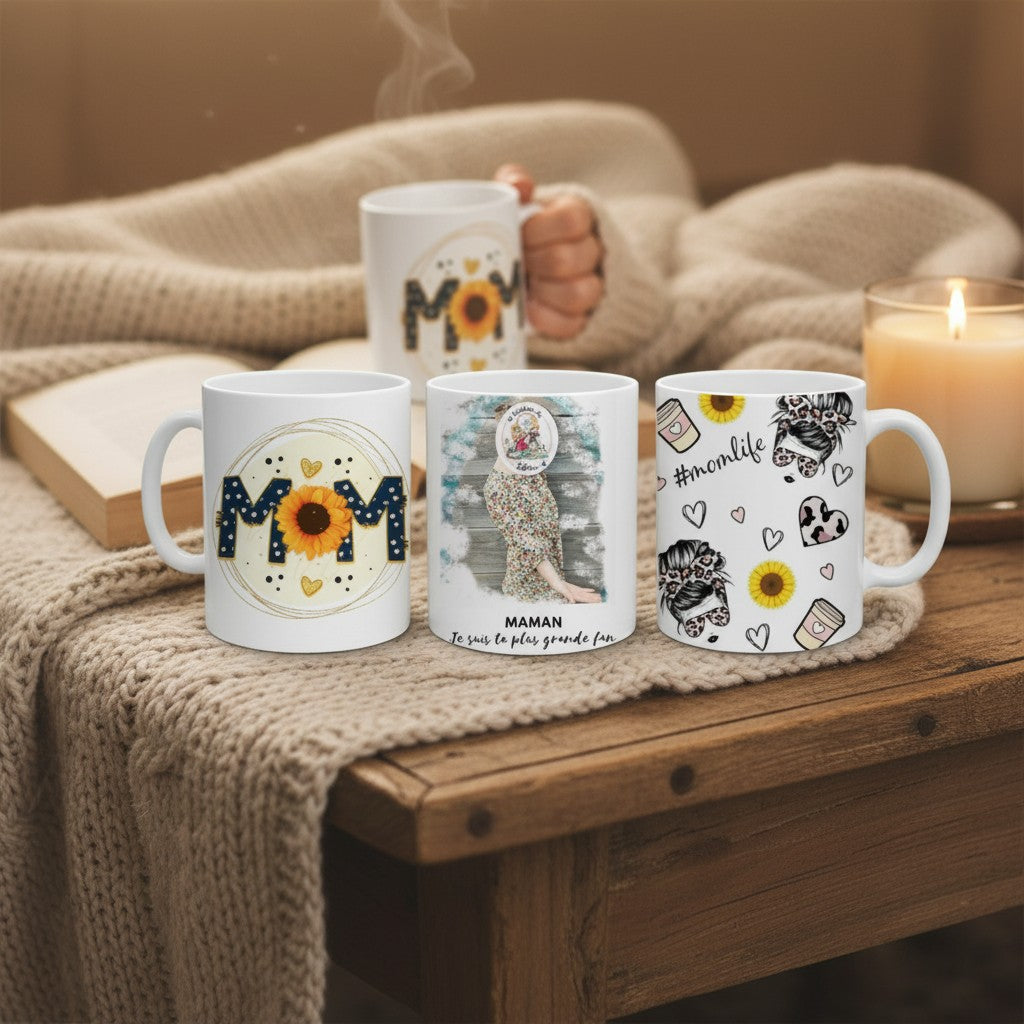 L'Atelier de Lylou : Mugs personnalisables avec motifs tournesol, cœurs, café et citation "Maman je suis ta plus grande fan". Céramique blanche.