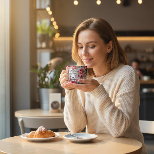 Mug L'Atelier de Lylou avec un tigre blanc entouré de fleurs roses et bleues, texte "Je t'aime ma Maman".
