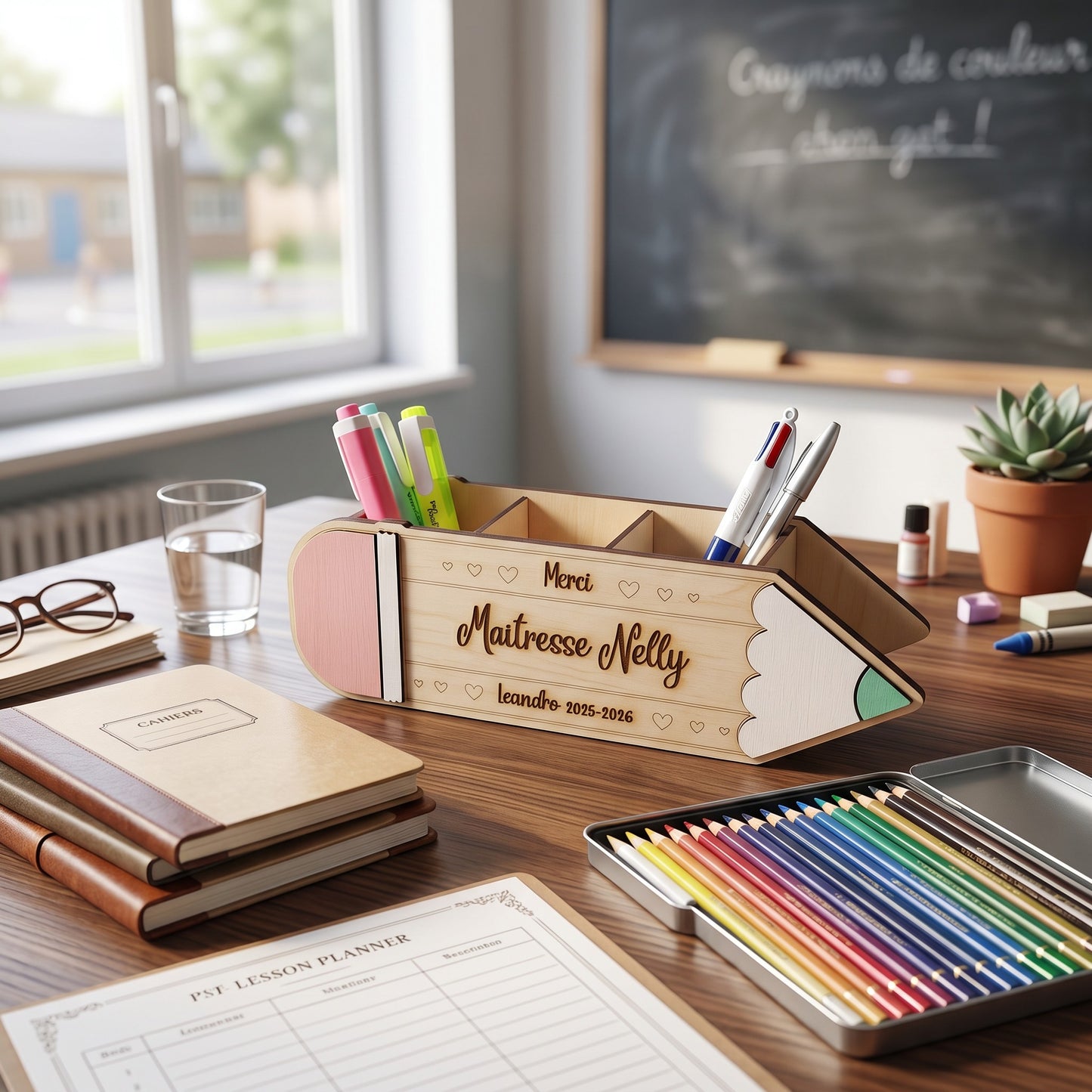 Organiseur de bureau L'Atelier de Lylou en bois, forme crayon, personnalisé avec "Maîtresse Nelly" et "Leandro 2015-2016". Rose, blanc et vert.