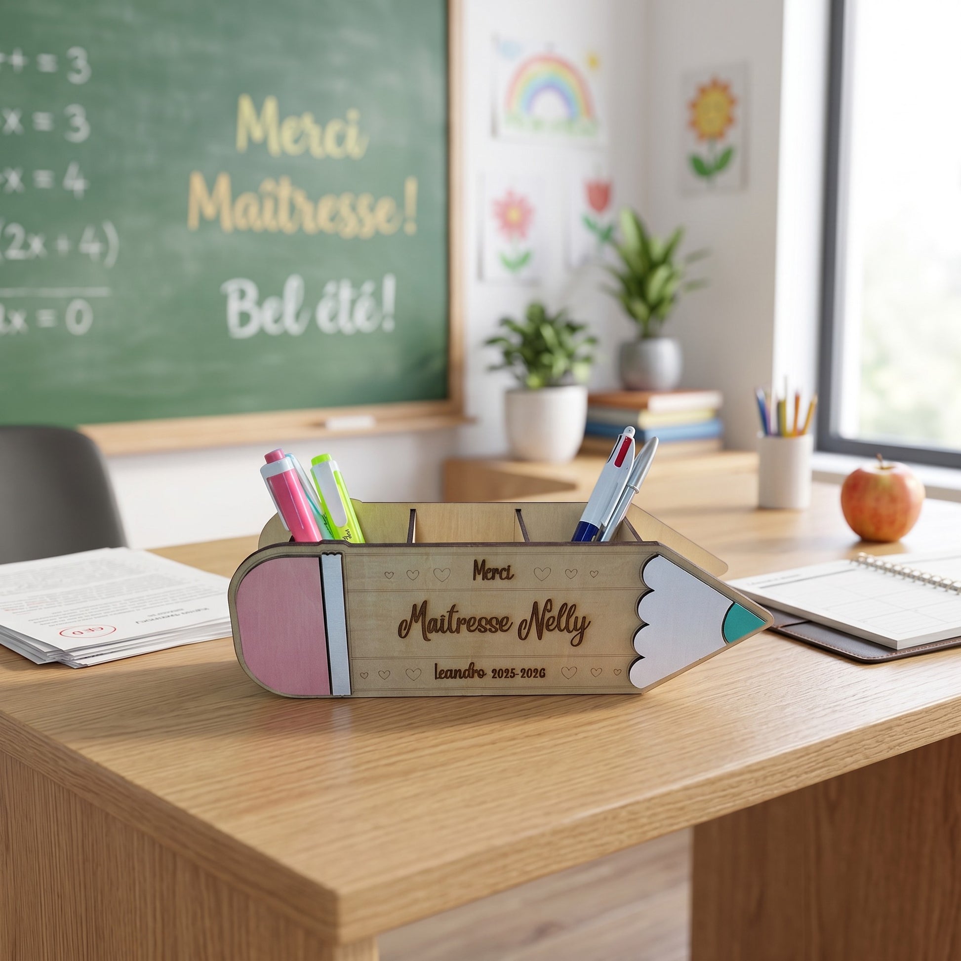 Organiseur de bureau en bois L'Atelier de Lylou en forme de crayon, personnalisé avec "Maîtresse Nelly" et "Leandro 2015-2016". Rose, blanc et vert.