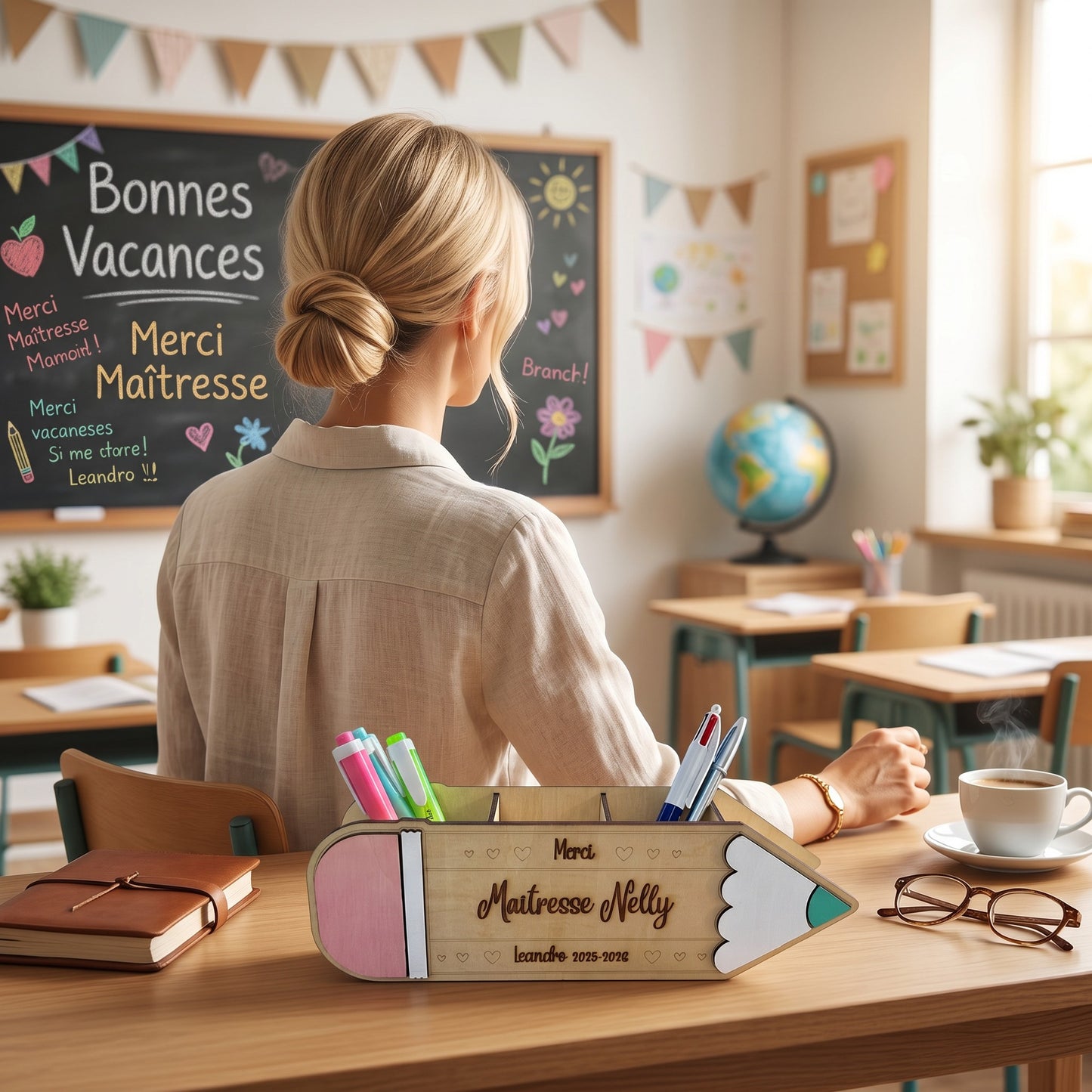 Organiseur de bureau en bois L'Atelier de Lylou en forme de crayon, personnalisé avec "Maîtresse Nelly" et "Leandro 2015-2026". Rose, blanc et vert.