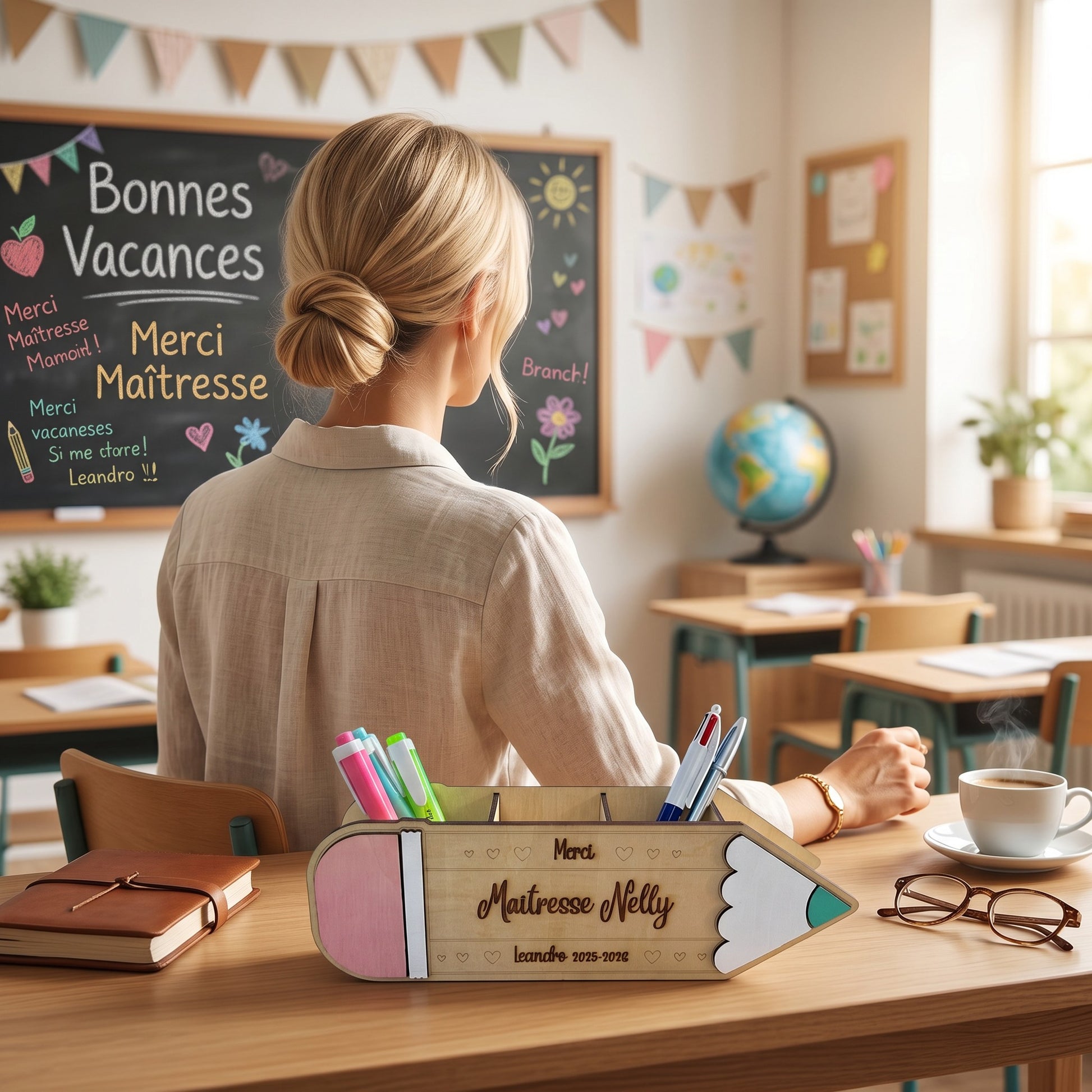 Organiseur de bureau en bois L'Atelier de Lylou en forme de crayon, personnalisé avec "Maîtresse Nelly" et "Leandro 2015-2026". Rose, blanc et vert.