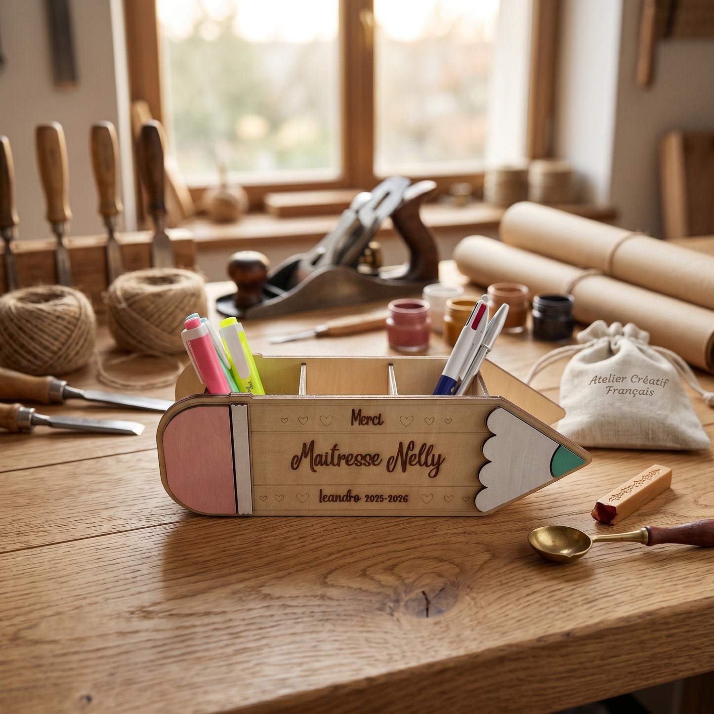 Organiseur de bureau en bois L'Atelier de Lylou en forme de crayon, personnalisé avec "Maîtresse Nelly" et "Leandro 2015-2026". Rose, blanc, bois naturel.