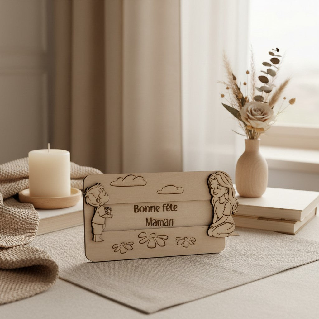 Plaque en bois L'Atelier de Lylou "Bonne fête Maman" avec un garçon offrant des fleurs et une fille assise, décorée de nuages et de fleurs.
