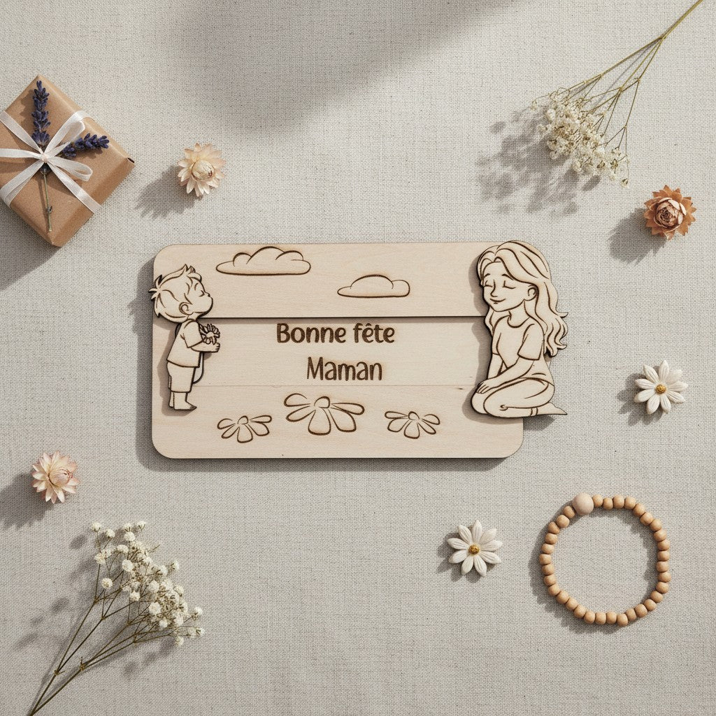 Plaque en bois L'Atelier de Lylou "Bonne fête Maman" avec un enfant offrant des fleurs et une femme assise, décorée de nuages et de fleurs.