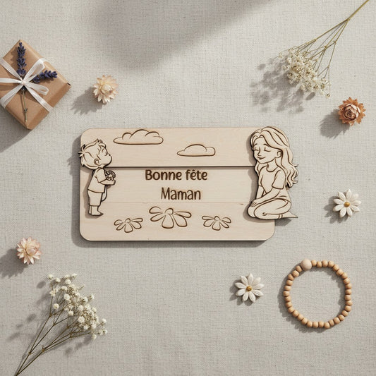 Plaque en bois L'Atelier de Lylou "Bonne fête Maman" avec un enfant offrant des fleurs et une femme assise, décorée de nuages et de fleurs.