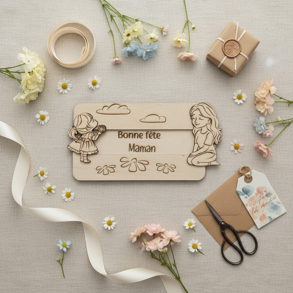 Plaque en bois L'Atelier de Lylou avec inscription "Bonne fête Maman", décorée de nuages, fleurs et deux personnages.