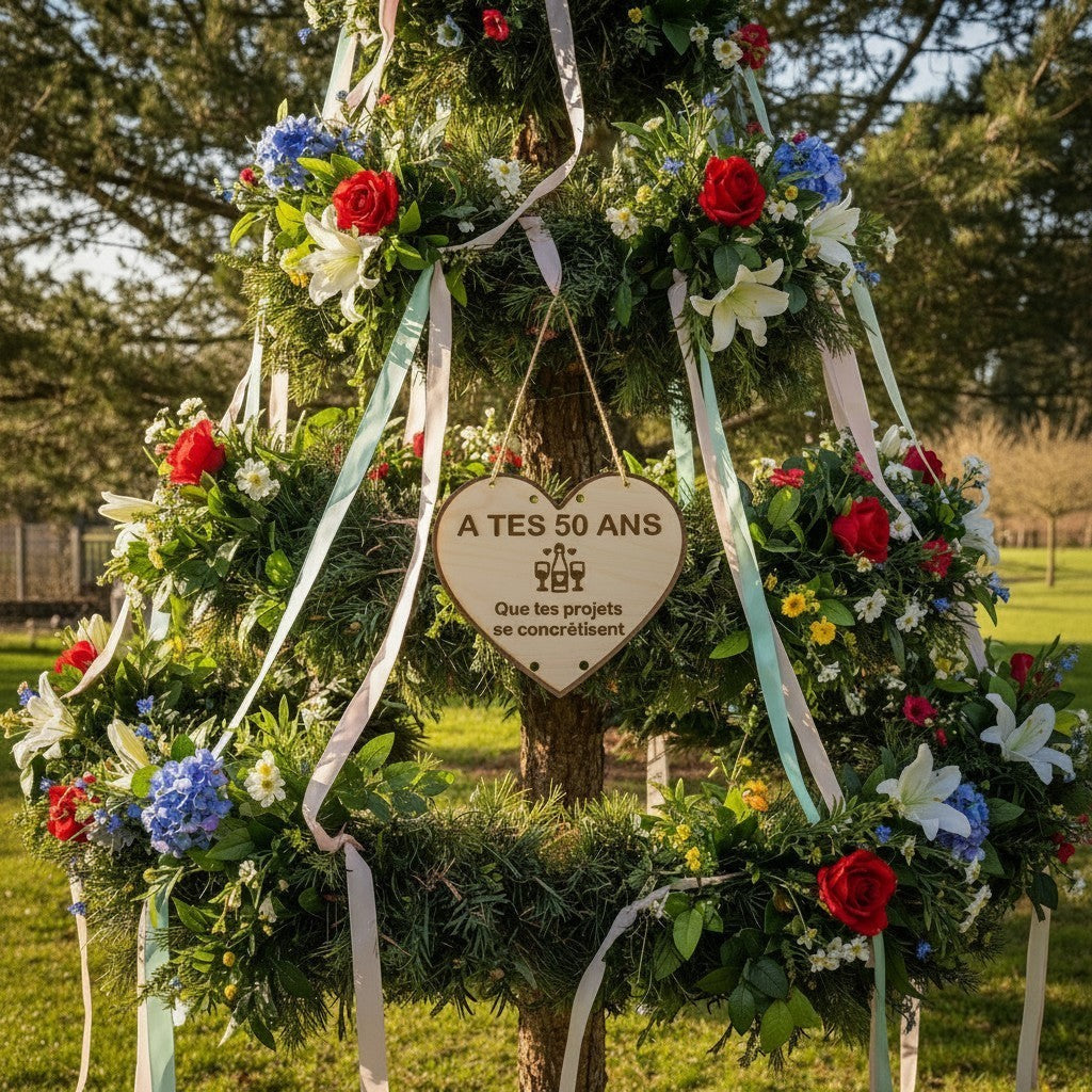 L'Atelier de Lylou, plaque en bois en forme de cœur gravée "À tes 50 ans Que tes projets se concrétisent" suspendue à un sapin décoré de fleurs et de rubans.
