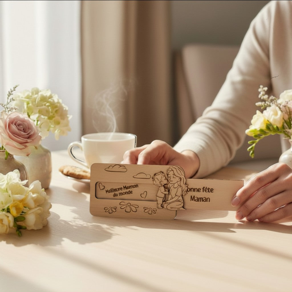 Plaque en bois L'Atelier de Lylou "Meilleure Maman du monde" "Bonne fête Maman" avec illustration mère et enfant, cadeau fête des mères.