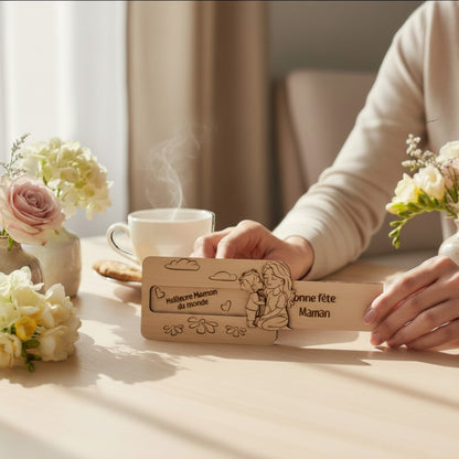Plaque en bois L'Atelier de Lylou "Meilleure Maman du monde" "Bonne fête Maman" avec illustration mère et enfant, cadeau fête des mères.