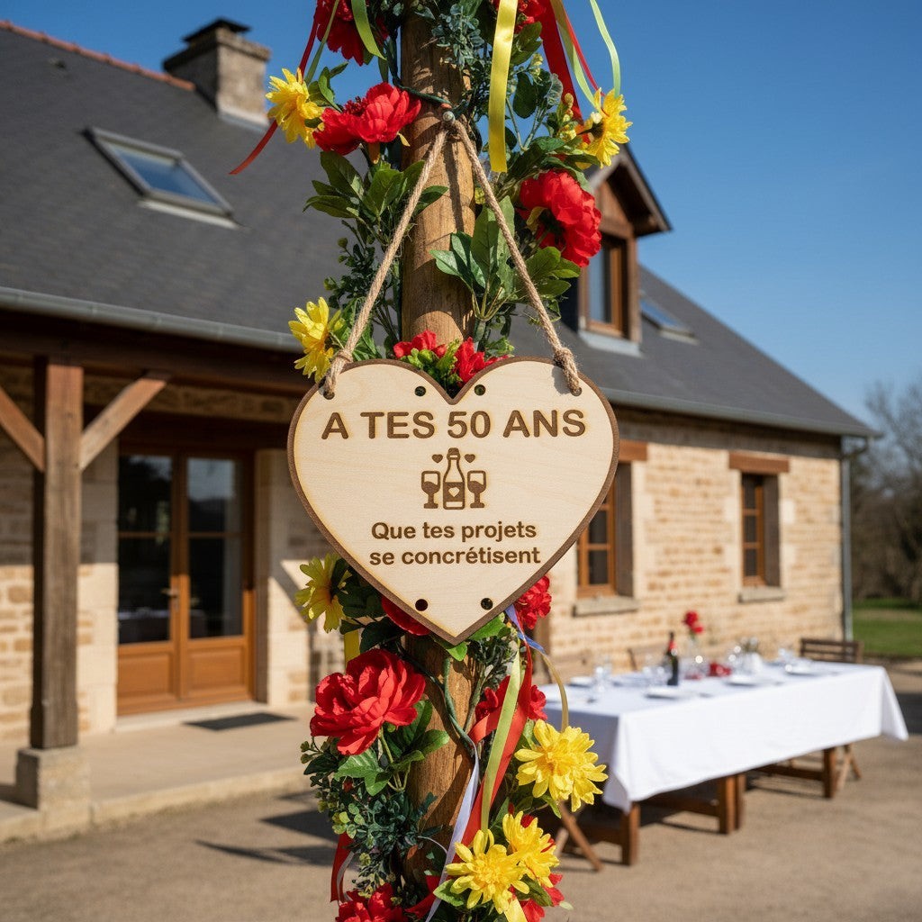 Plaque de mai en bois en forme de cœur personnalisée "À tes 50 ans" par L'Atelier de Lylou