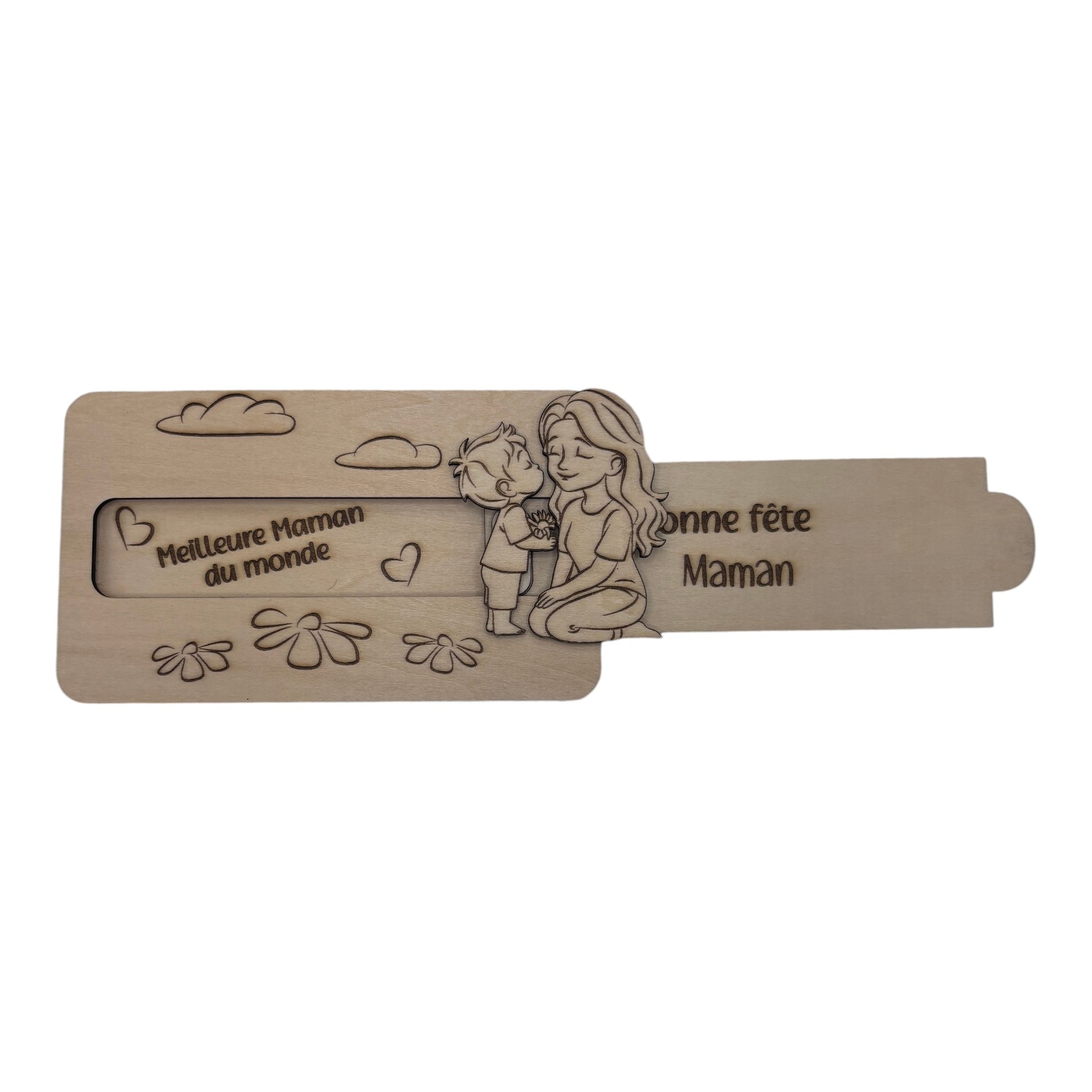 Plaque en bois L'Atelier de Lylou gravée "Meilleure maman du monde" et "Bonne fête Maman" avec un enfant offrant des fleurs à sa mère.