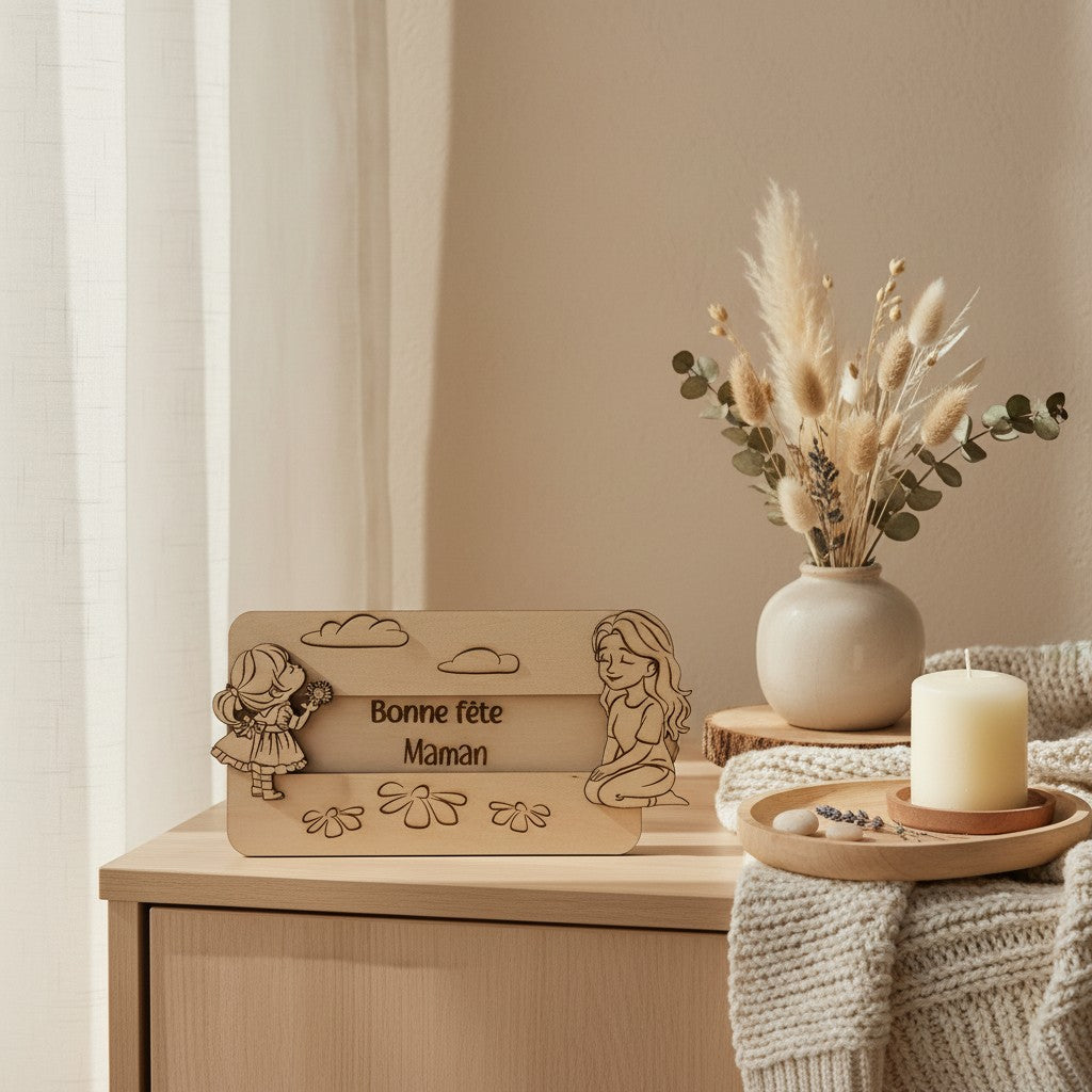 Plaque en bois L'Atelier de Lylou "Bonne fête Maman" avec une petite fille et une femme, décorée de fleurs et de nuages.