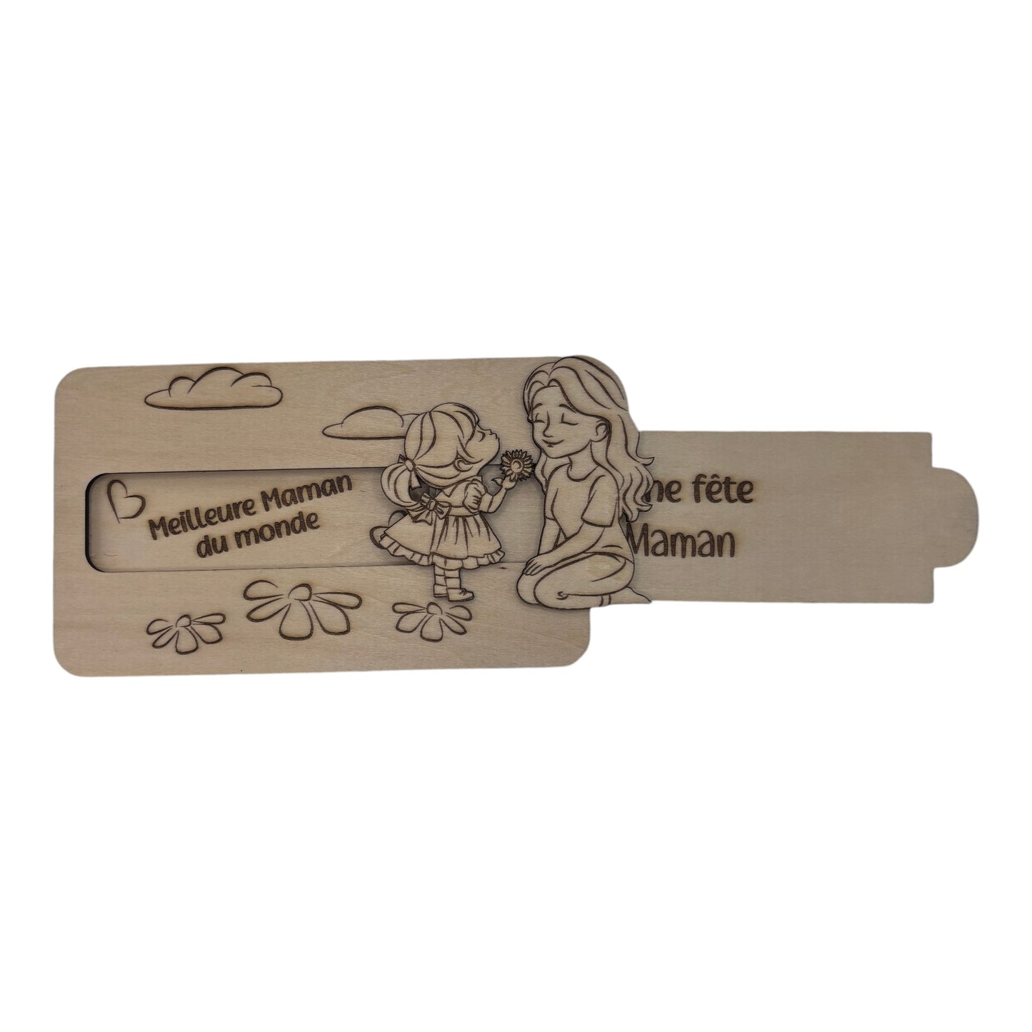 Plaque en bois L'Atelier de Lylou gravée "Meilleure Maman du monde" et "Une fête Maman" avec une illustration de mère et fille.