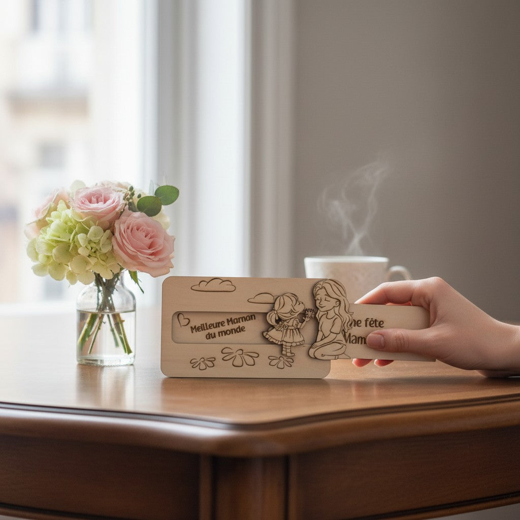 Plaque en bois L'Atelier de Lylou gravée d'une mère et d'une fille s'offrant des fleurs. Texte : Meilleure Maman du monde, Bonne fête Maman.
