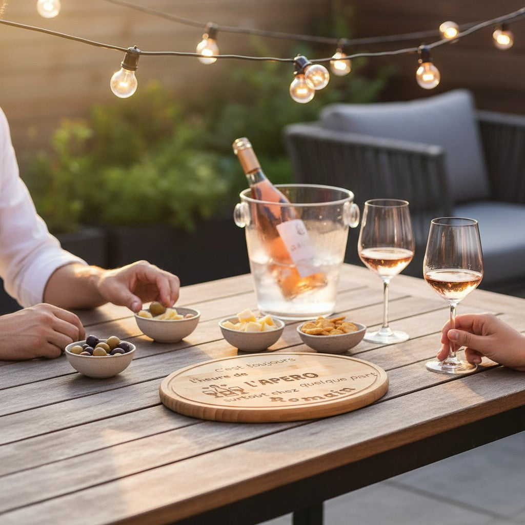 Plateau rond en bambou gravé L'Atelier de Lylou avec inscription personnalisable "L'APERO surtout chez Romain"